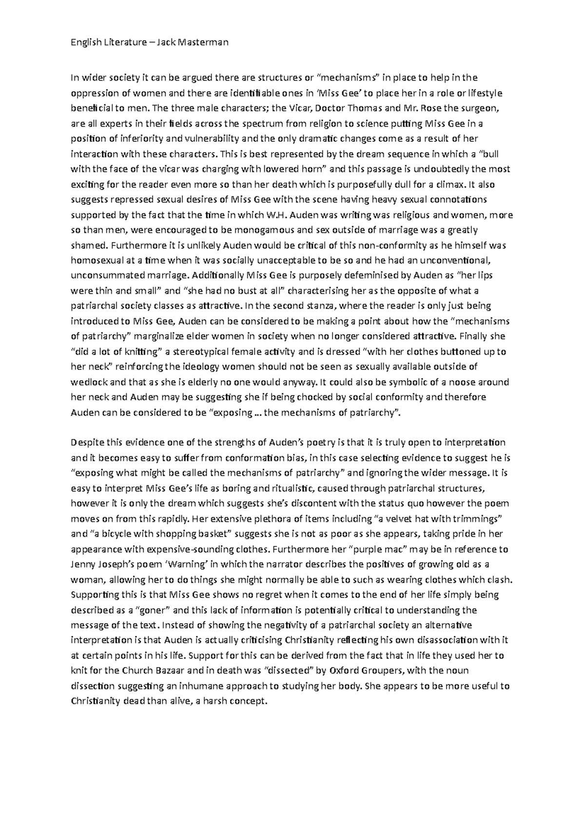 Auden Coursework - Paragraph 1 2 - English Literature – Jack Masterman ...