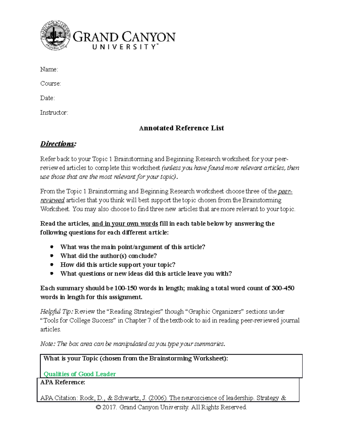 UNV 104 RS T2 Annotated Reference List - Name: Course: Date: Instructor ...