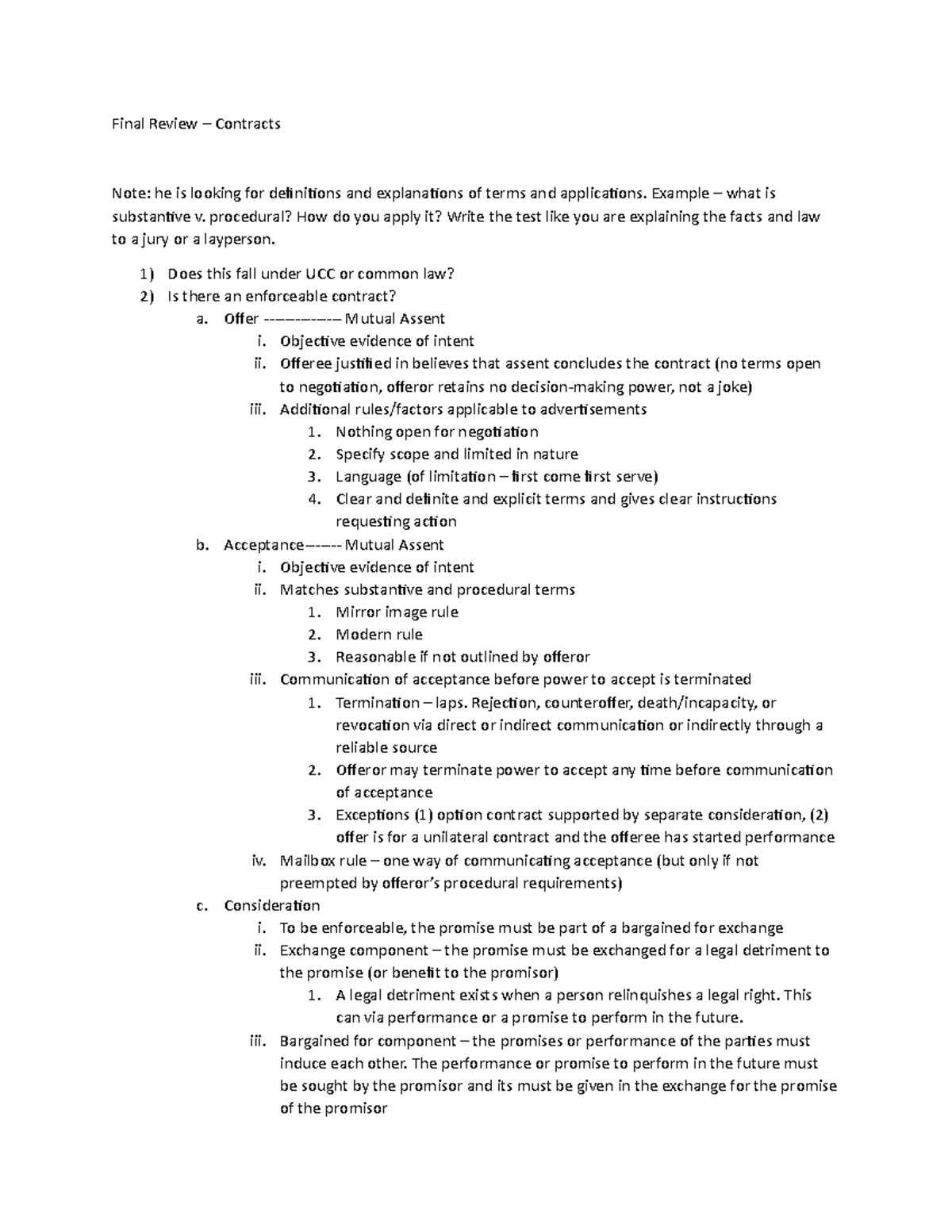 Finals Review Contract - Final Review – Contracts Note: he is looking ...