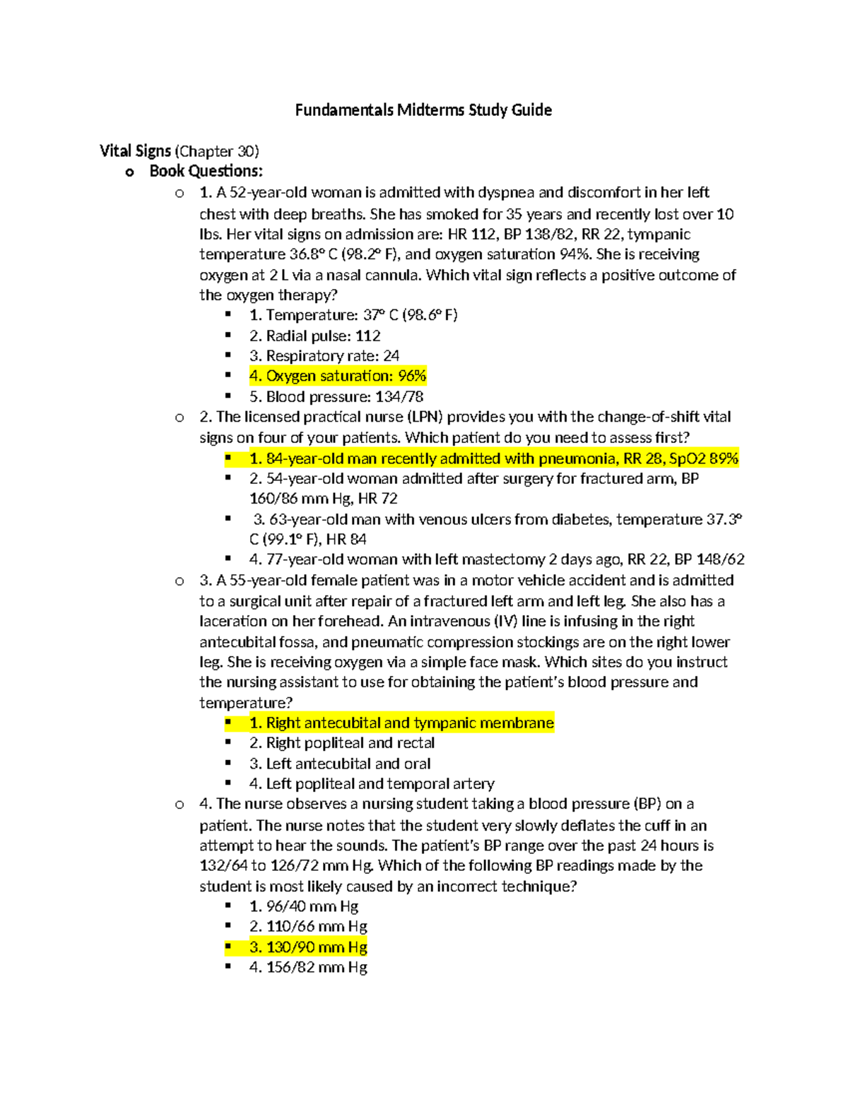 Fundamentals Midterms Study Guide - A 52-year-old woman is admitted ...