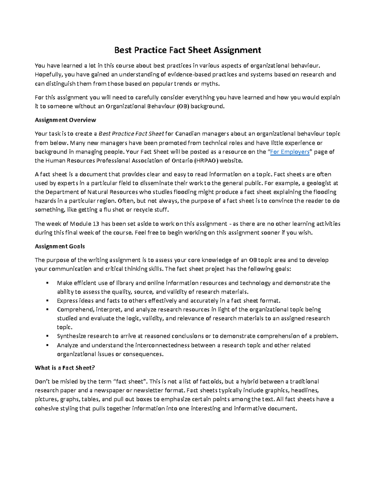 Fact Sheet Assignment - Hopefully, you have gained an understanding of ...