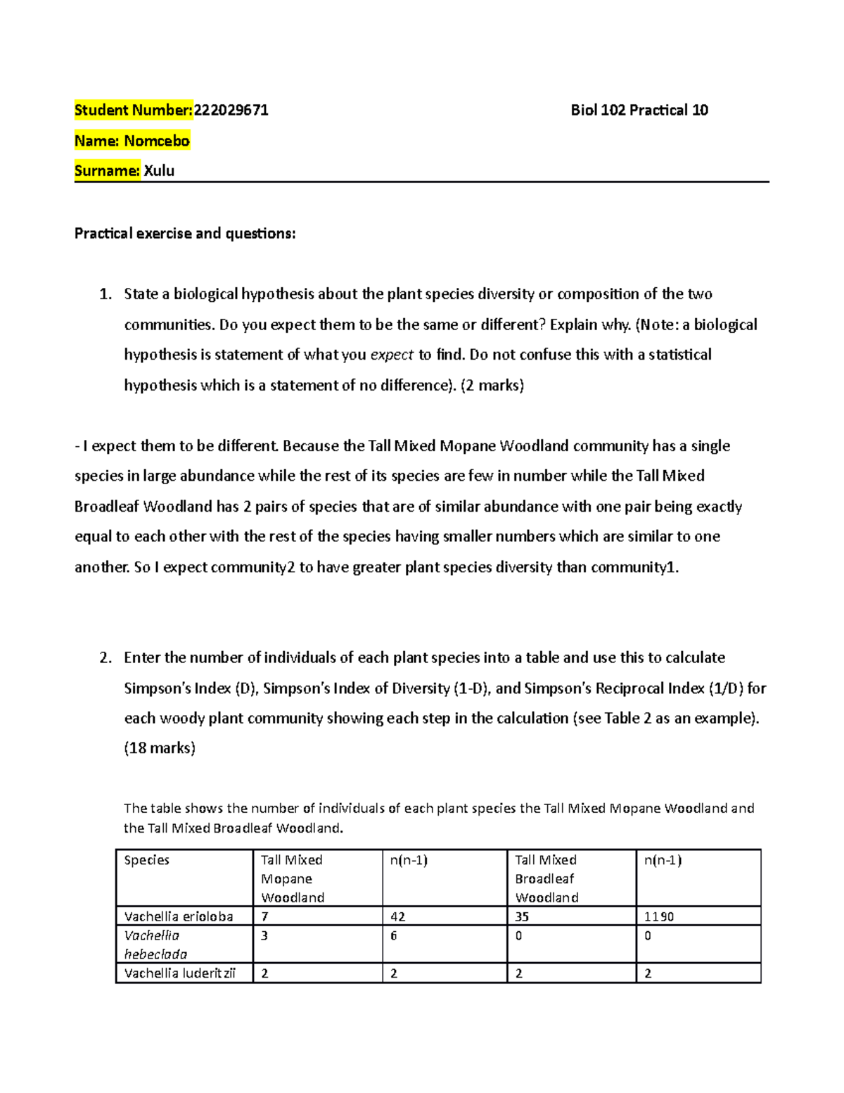 Practical 10 - Student Number:222029671 Biol 102 Practical 10 Name ...