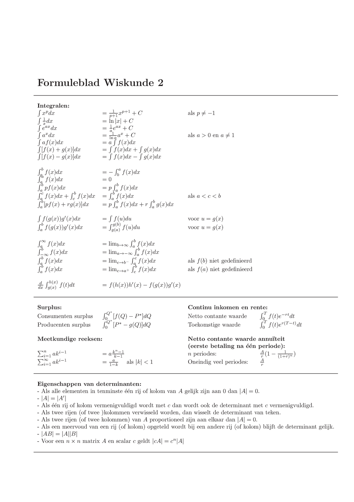 Formuleblad Wiskunde 2 Feb Formuleblad Wiskunde Integralen Dx Dx Xax Dx Dx Af Dx Ln A1 Eax Ln1ra Ax Dx Dx Dx Dx Dx Rb Raa Dx Dx Rab Pf Dx