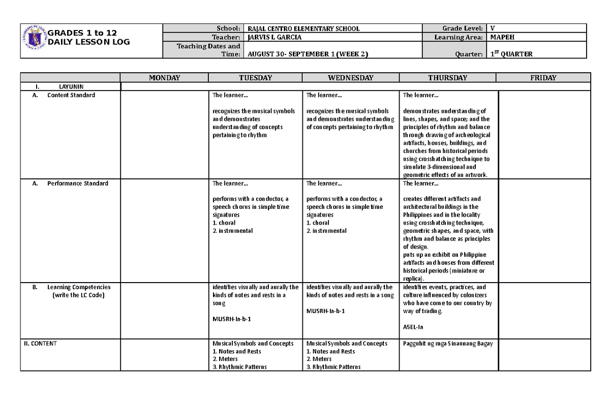 Grade 6 DLL Mapeh 5 Q1 Week 1 - GRADES 1 to 12 DAILY LESSON LOG School ...