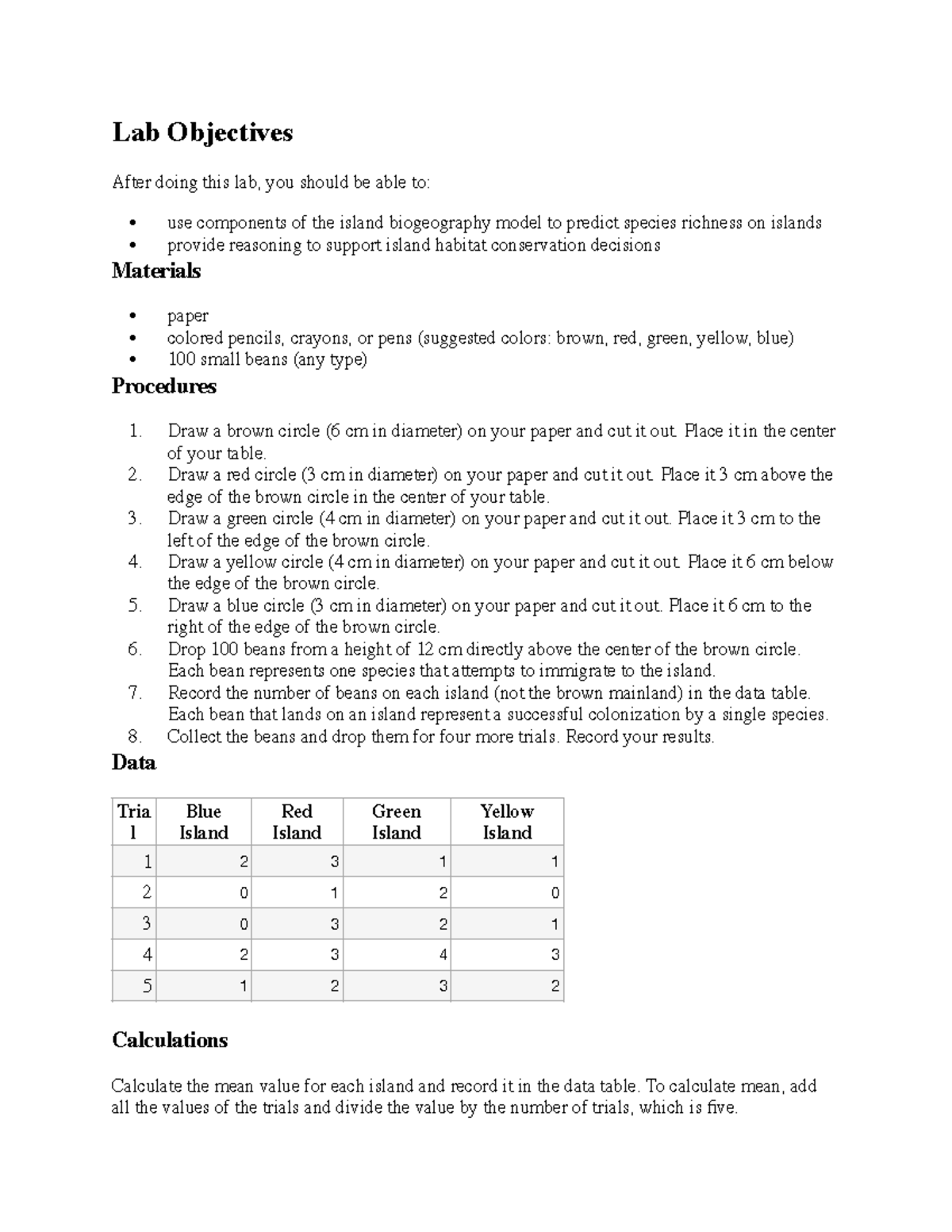 Island biogeography lab Lab Objectives After doing this lab, you