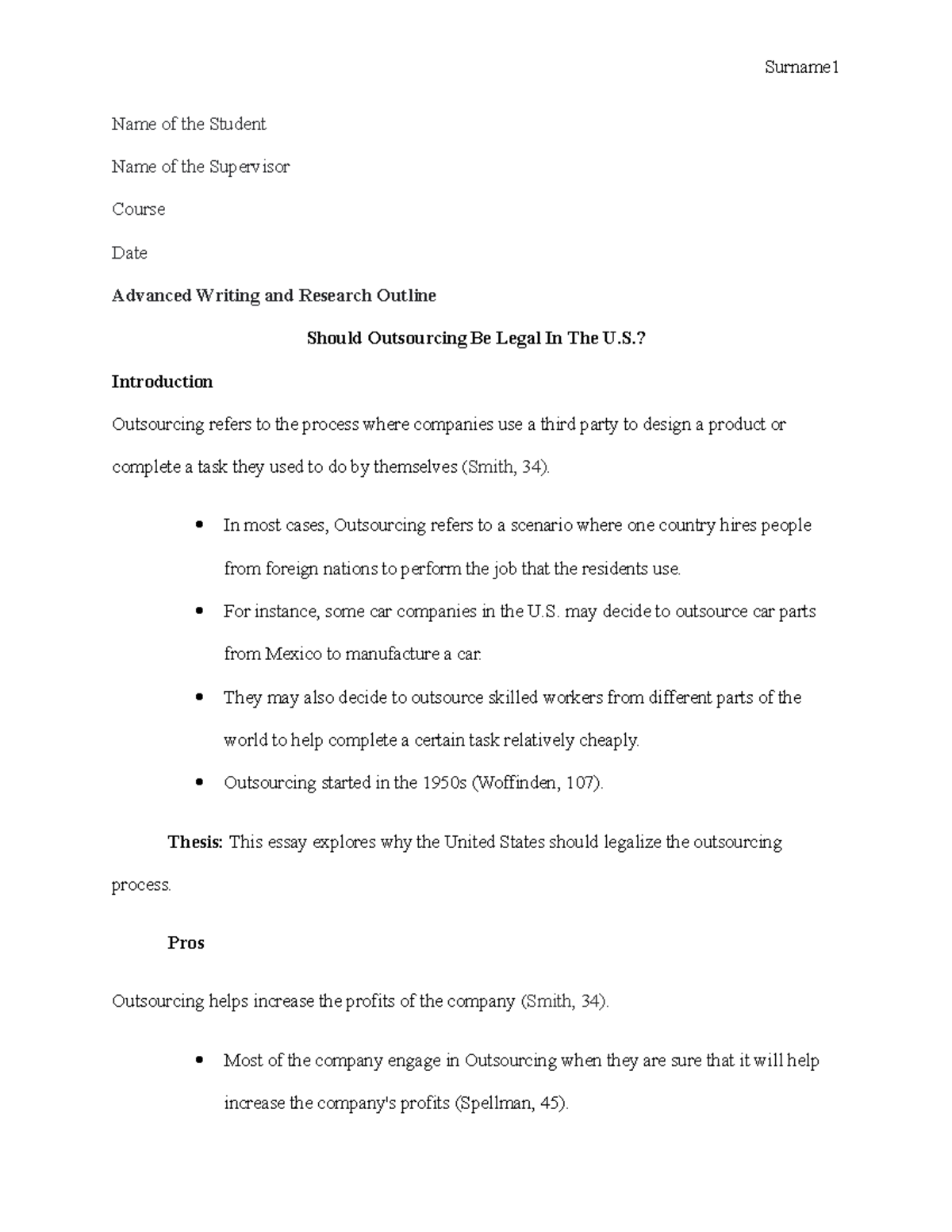 Advanced Writing and Research Outline - Name of the Student Name of the ...