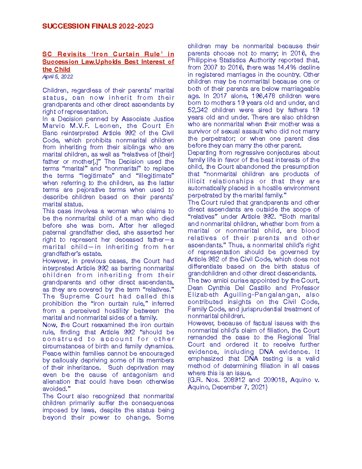 Aquino vs Aquino IRON CURTAIN RULE SUCCESSION FINALS 2022 SC Revisits ‘Iron Curtain Rule’ in