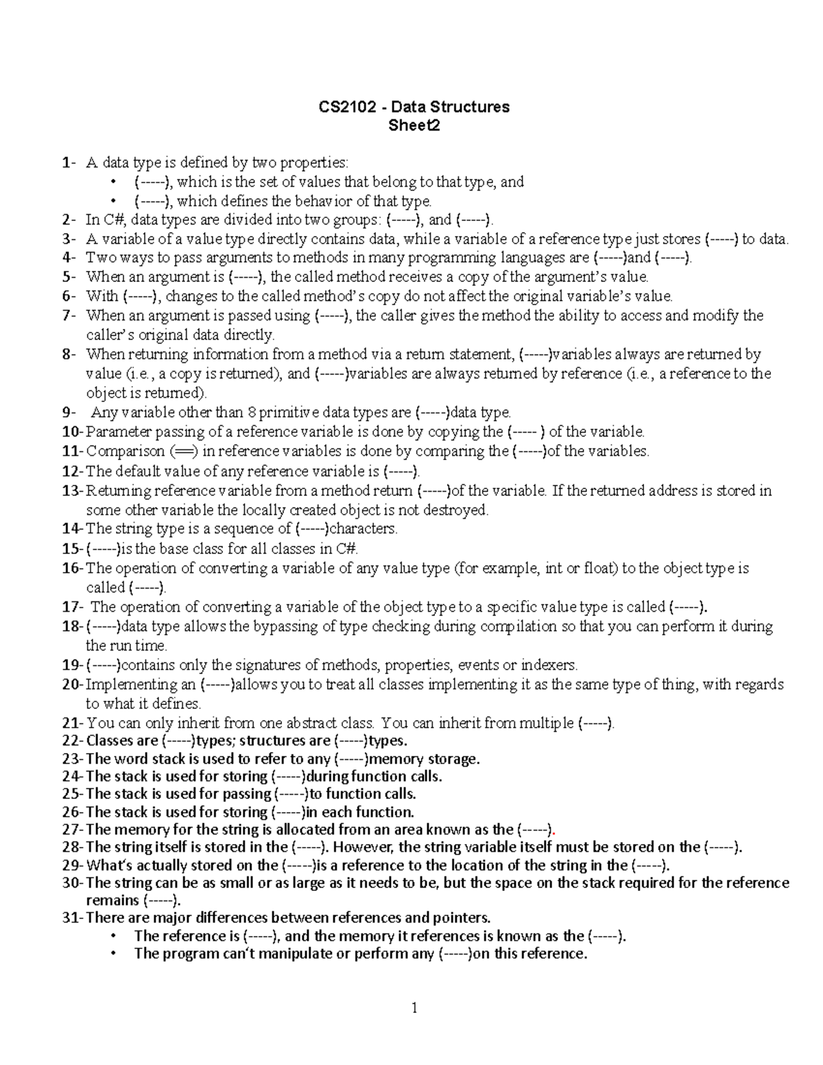 Sheet 2 - 1 CS2102 - Data Structures Sheet 1 ‐ A data type is defined ...