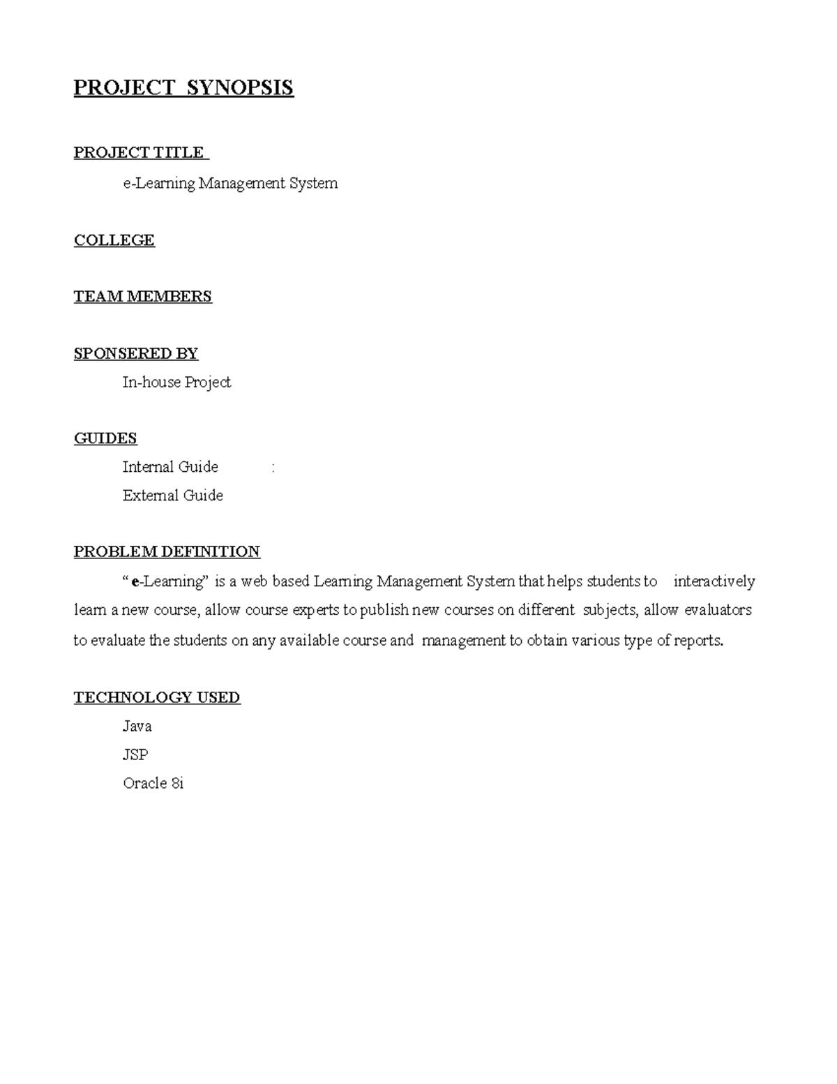 Project Synopsis Project Title e Learnin PROJECT SYNOPSIS PROJECT