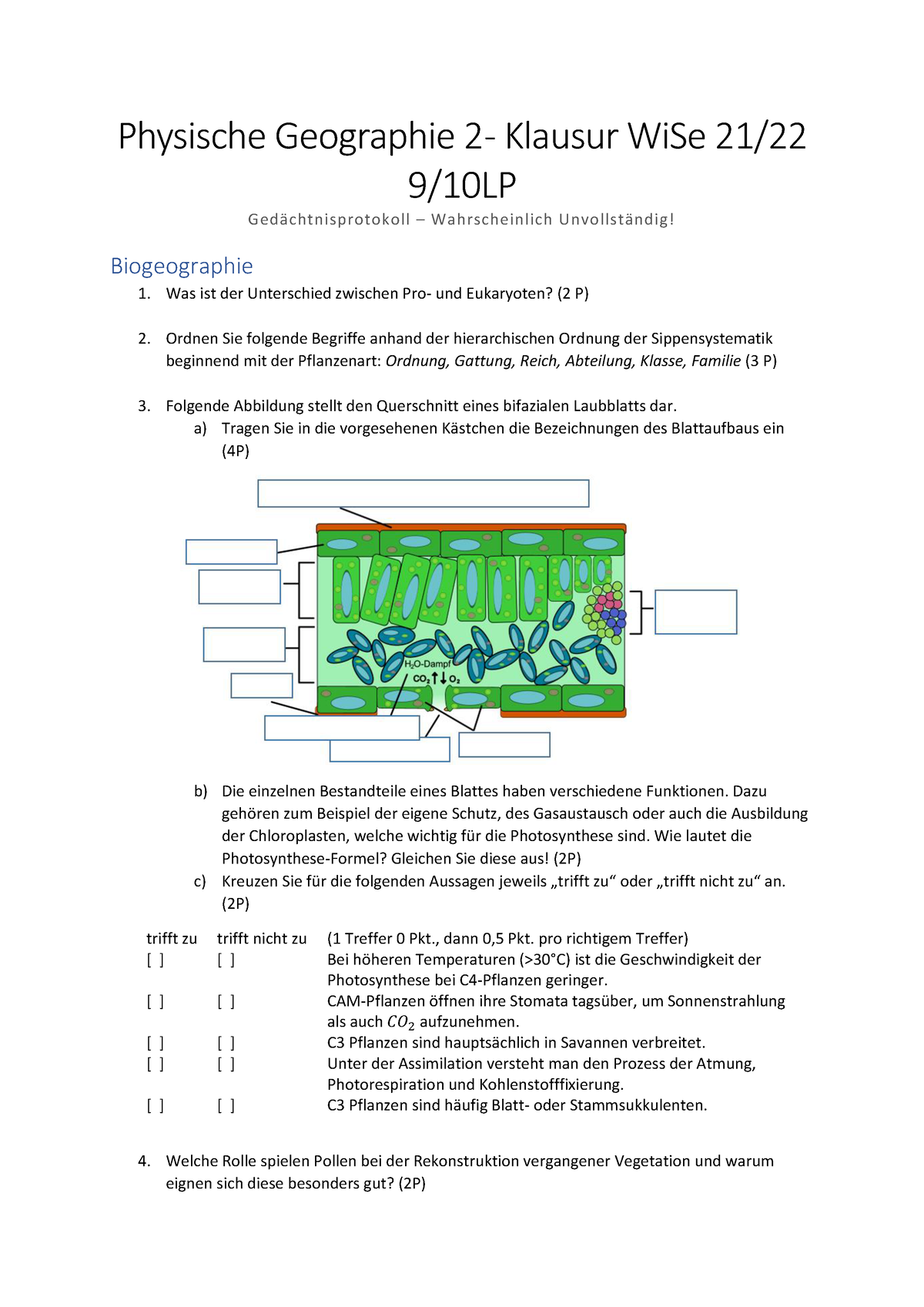 Altklausur PG2 - WiSe 21/22 (10LP) - Physische Geographie 2 - Klausur ...