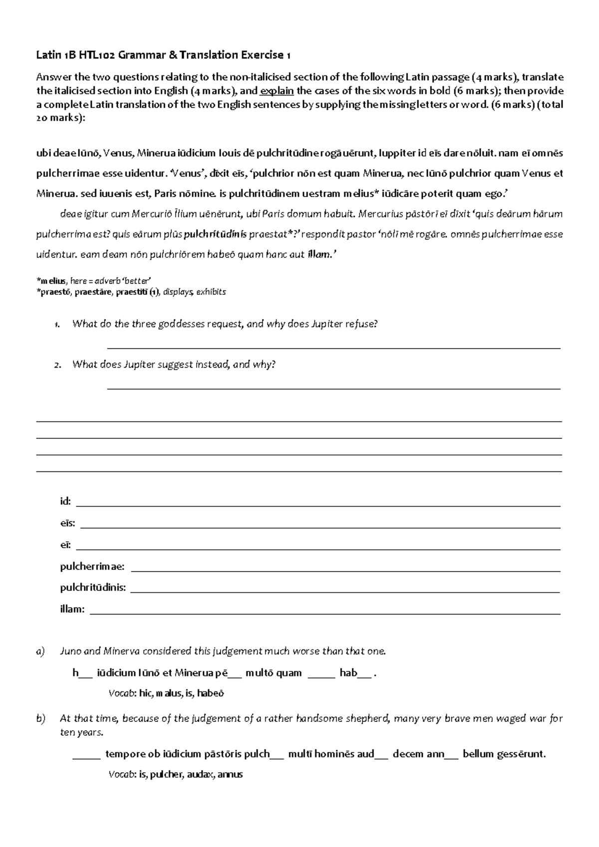 Latin 1B Assignment Exercises 1 - Latin 1B HTL102 Grammar & Translation ...