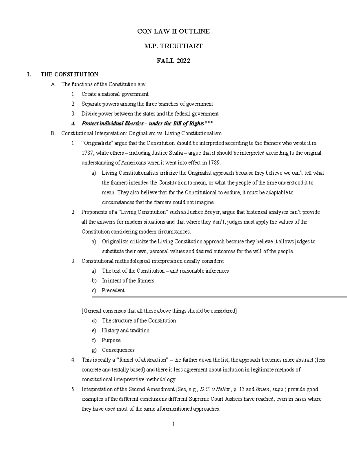 Con Law II Outline - CON LAW II OUTLINE M. TREUTHART FALL 2022 I. THE ...