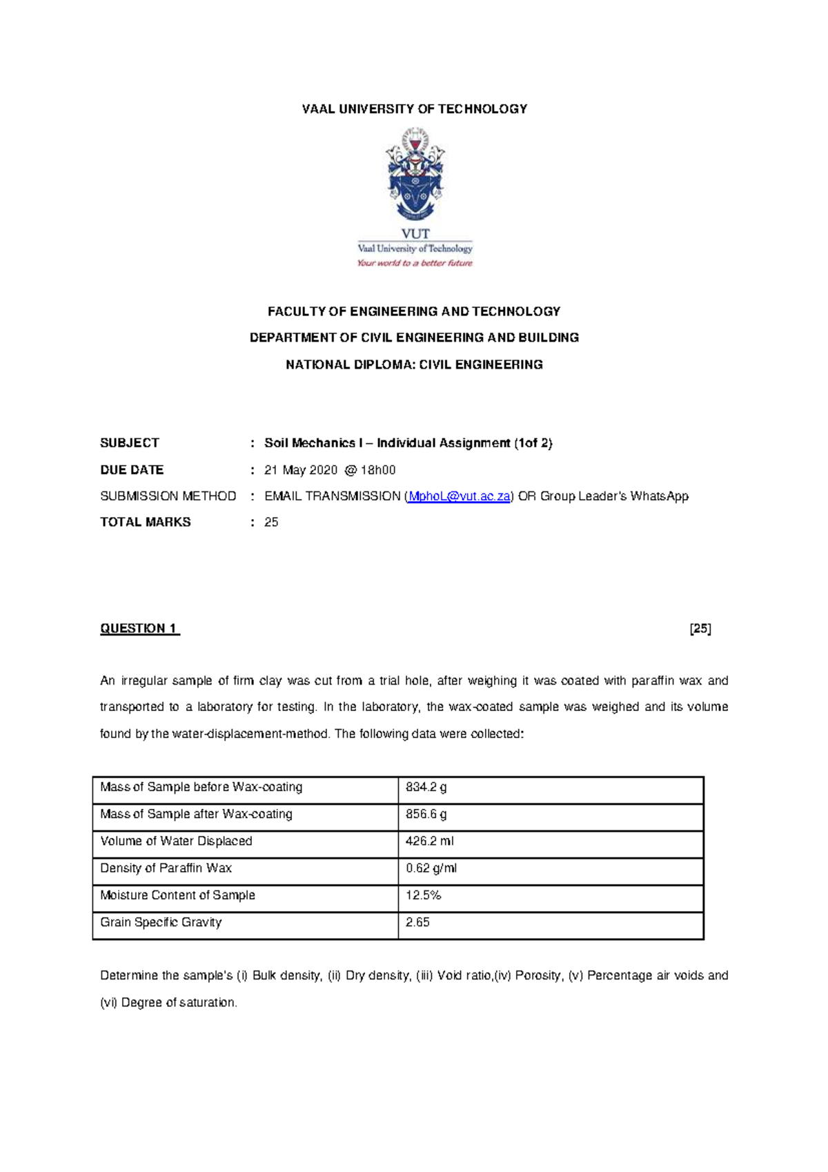 Null-2 - Make Use Of This Question Paper - Vaal University Of 