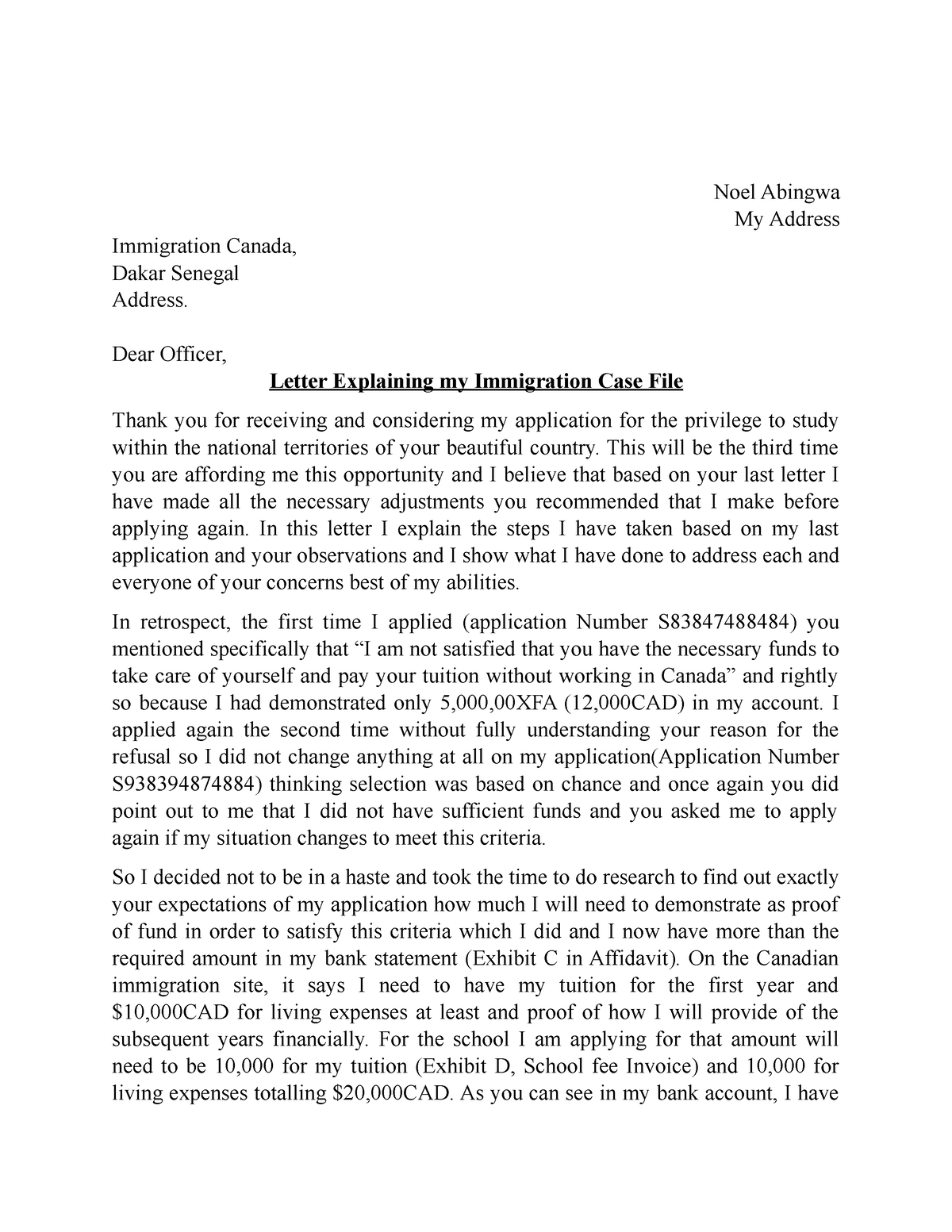 IRCC Letter of explanation by Abingwa Noel Abingwa My Address