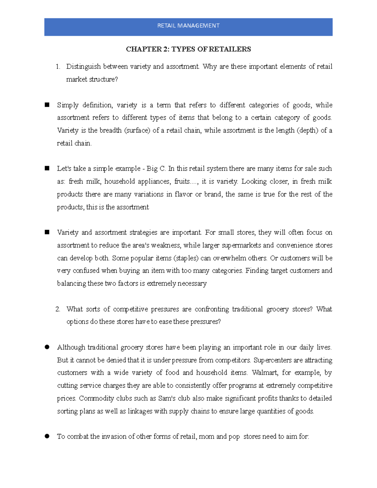 Chapter 2 HW Do assignment CHAPTER 2 TYPES OF RETAILERS