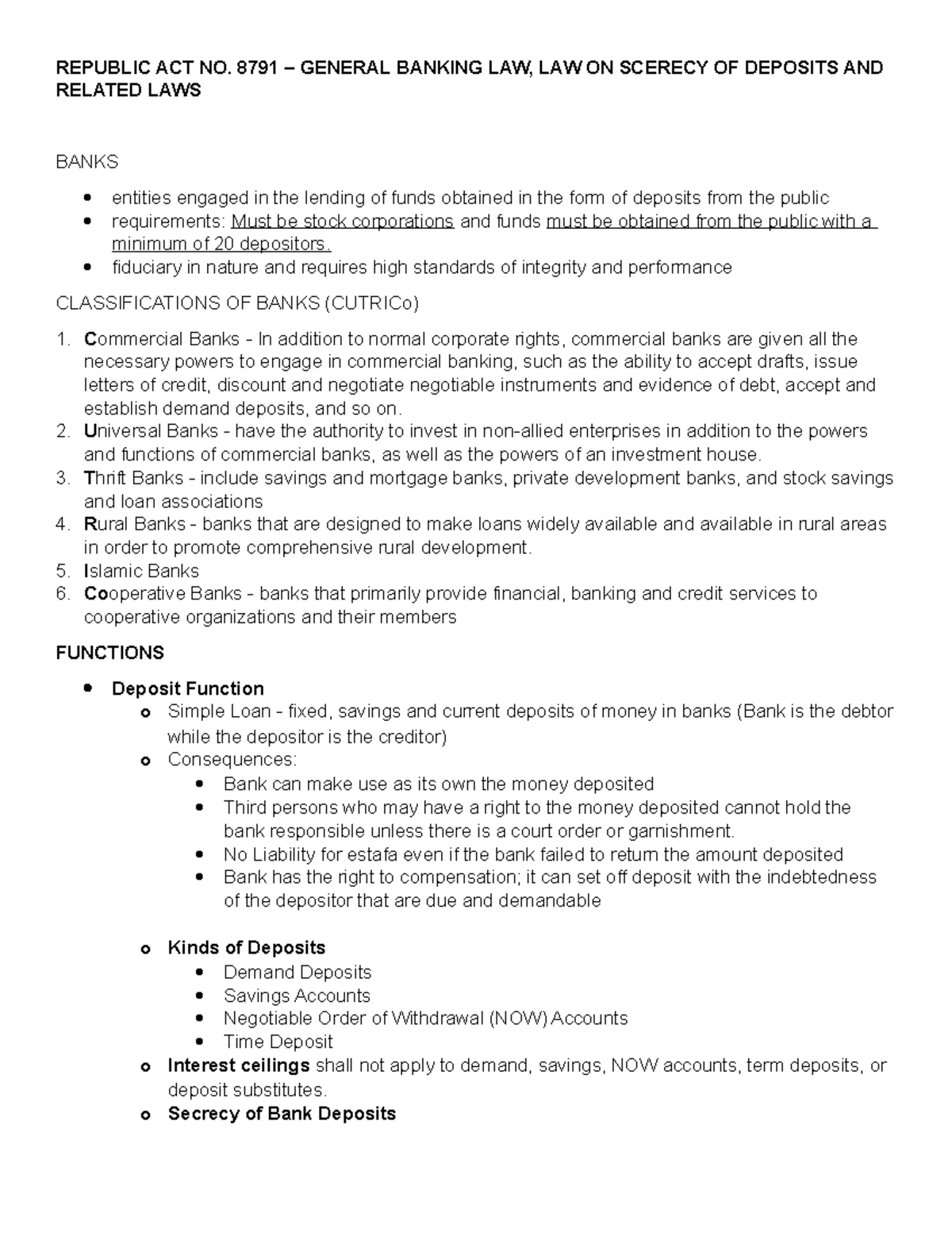 Prelim Reviewer - REPUBLIC ACT NO. 8791 – GENERAL BANKING LAW, LAW ON ...