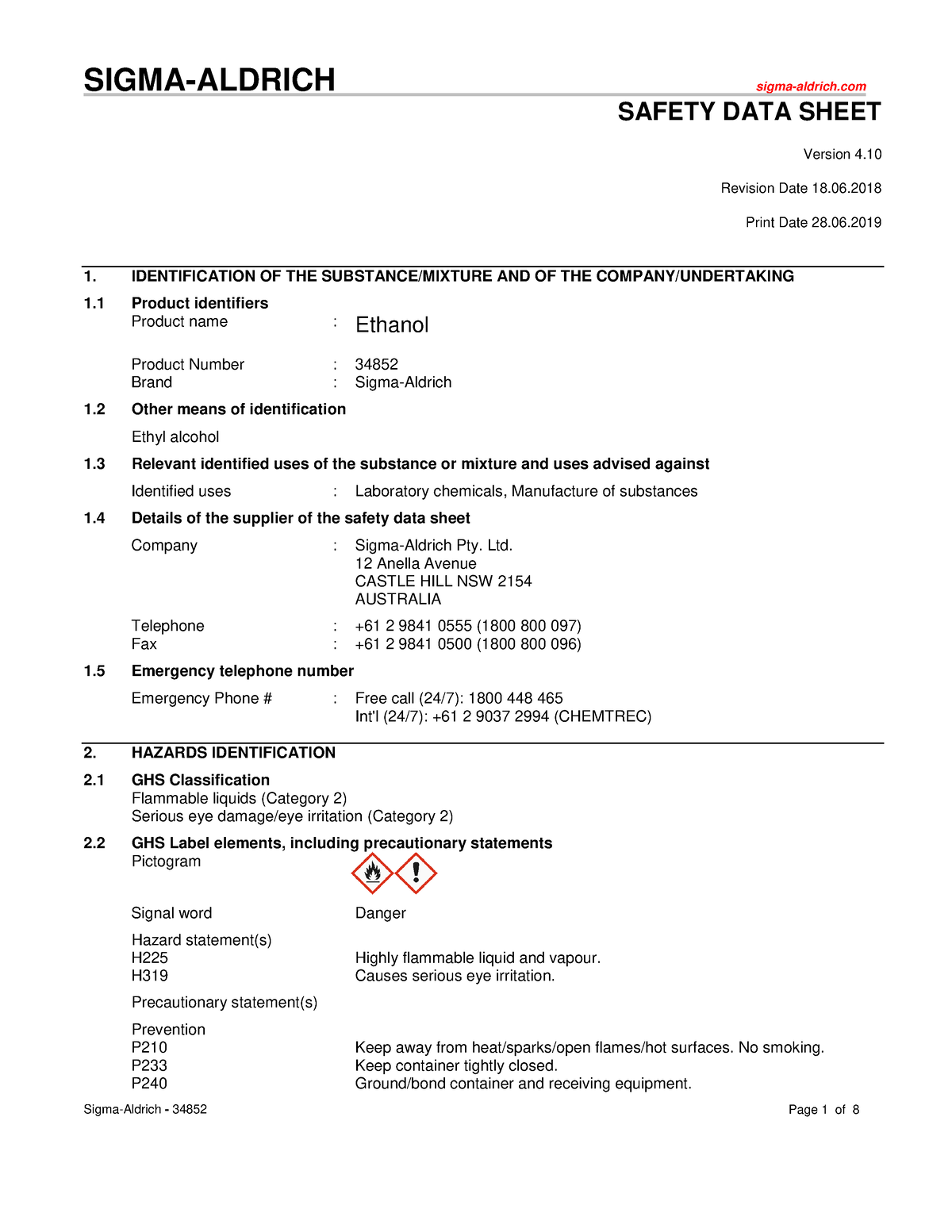 Ethanol SDS 2019 - SIGMA-ALDRICH sigma-aldrich SAFETY DATA SHEET