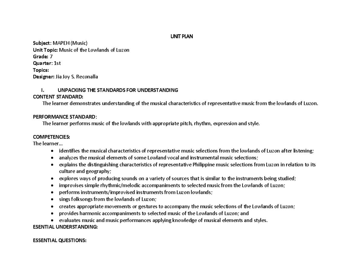 Toaz - Toaz - UNIT PLAN Subject : MAPEH (Music) Unit Topic: Music of ...