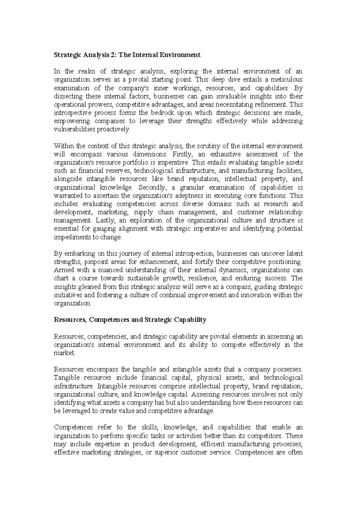 Internal analysis of the environment - Strategic Analysis 2: The ...