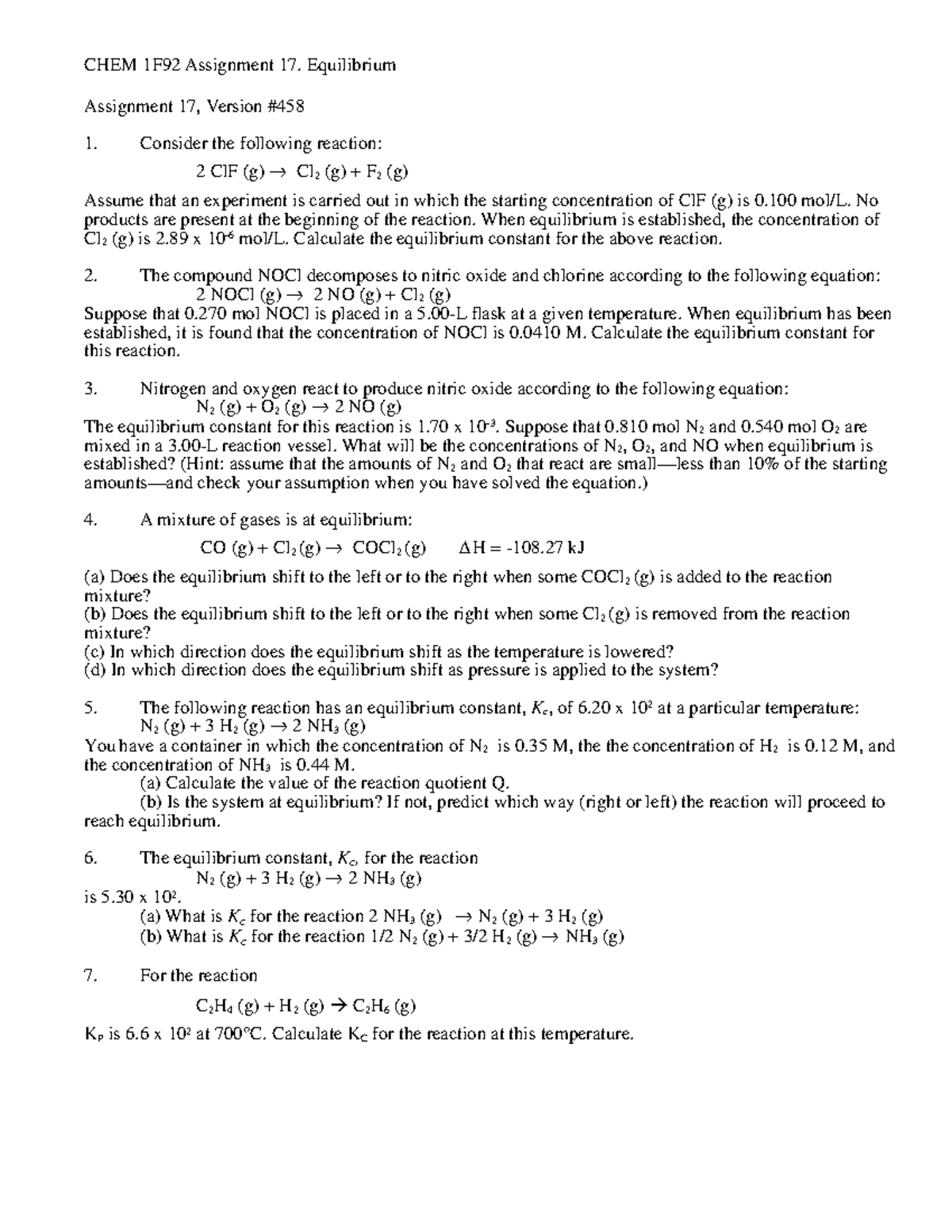 A17 - practice questions - CHEM 1F92 Assignment 17. Equilibrium ...