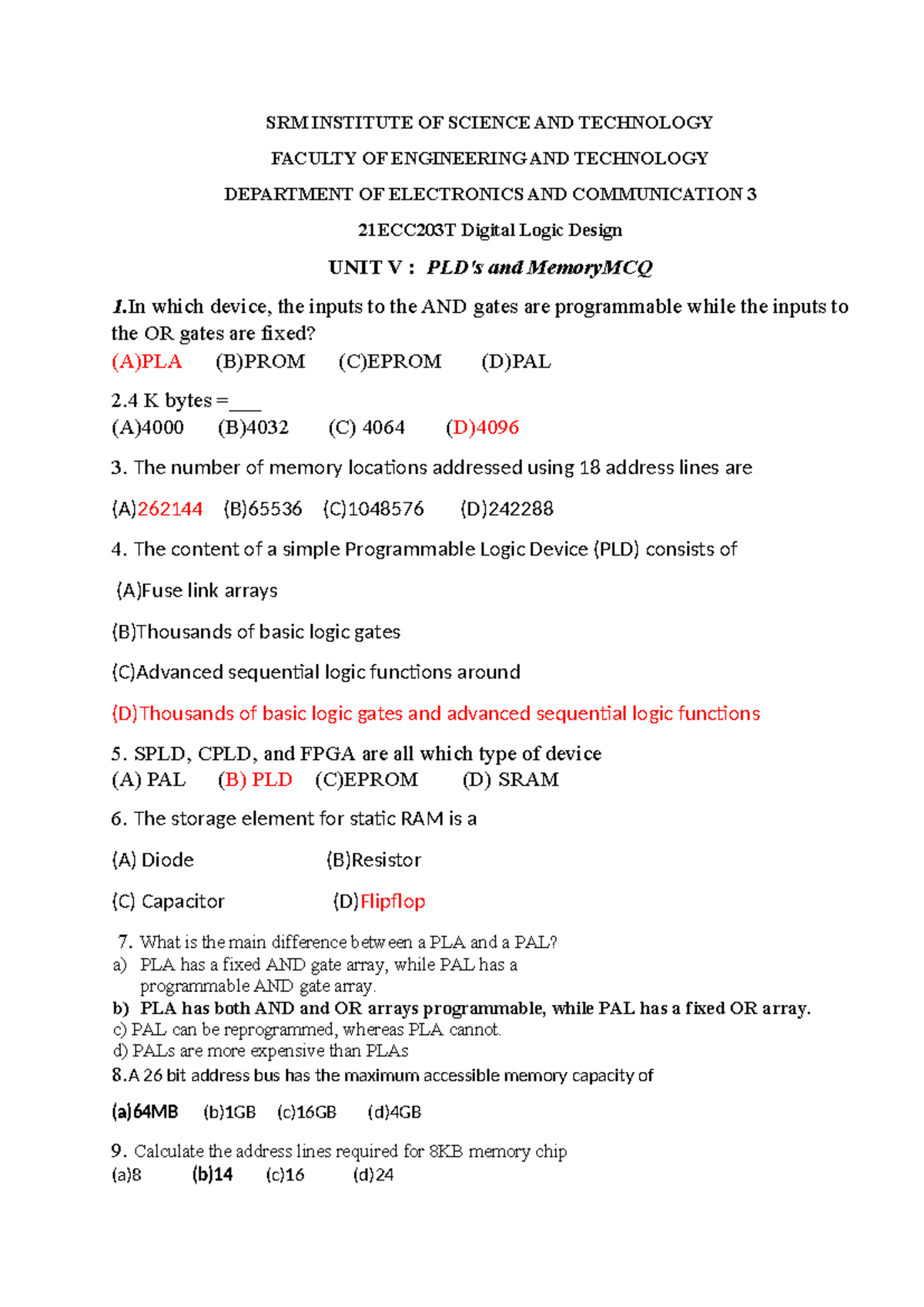 DLD UNIT V mcq - DLD UNIT V mcq - SRM INSTITUTE OF SCIENCE AND ...