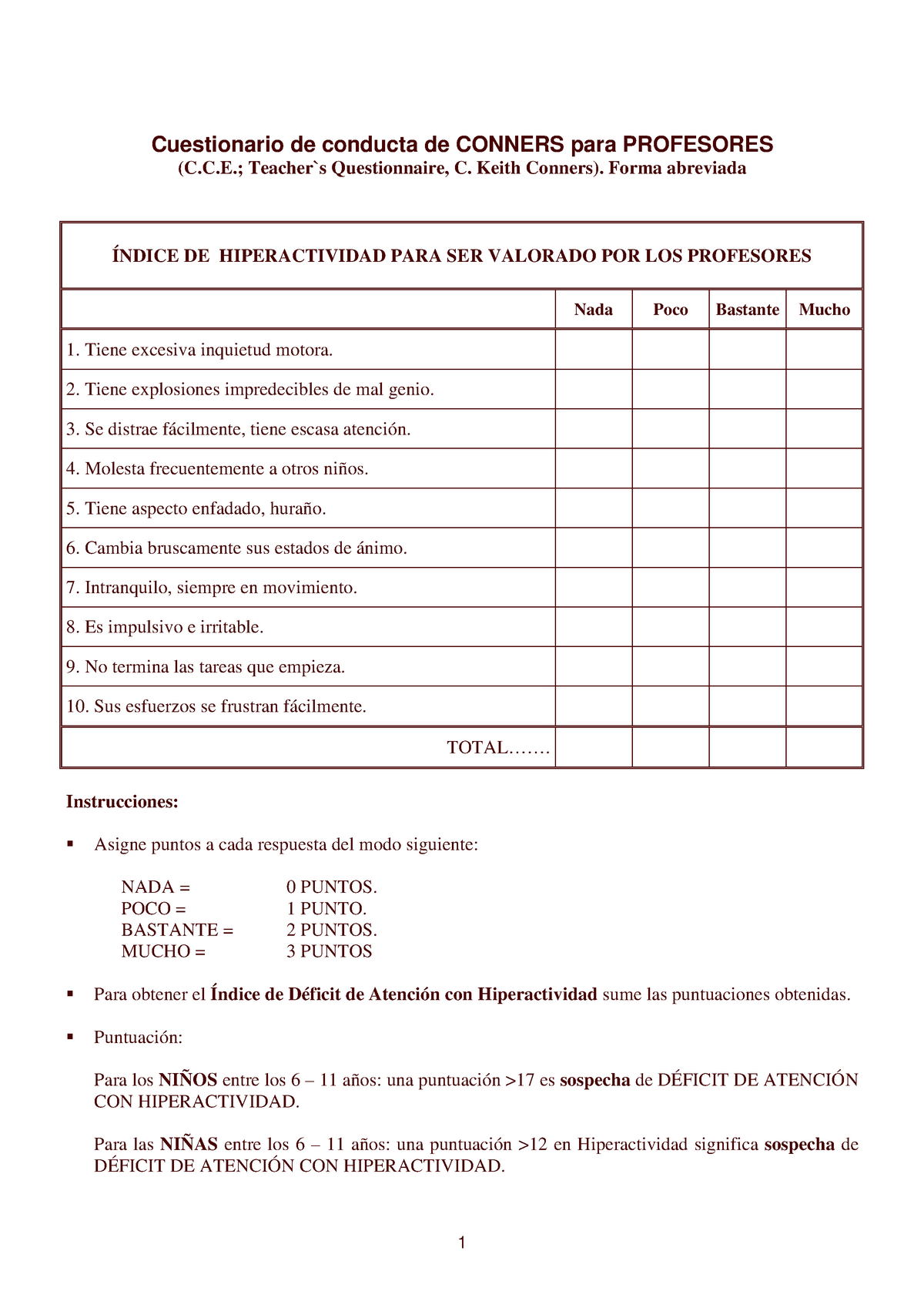 Escala De Conners Para Tdah1 Cuestionario De Conducta De Conners Para