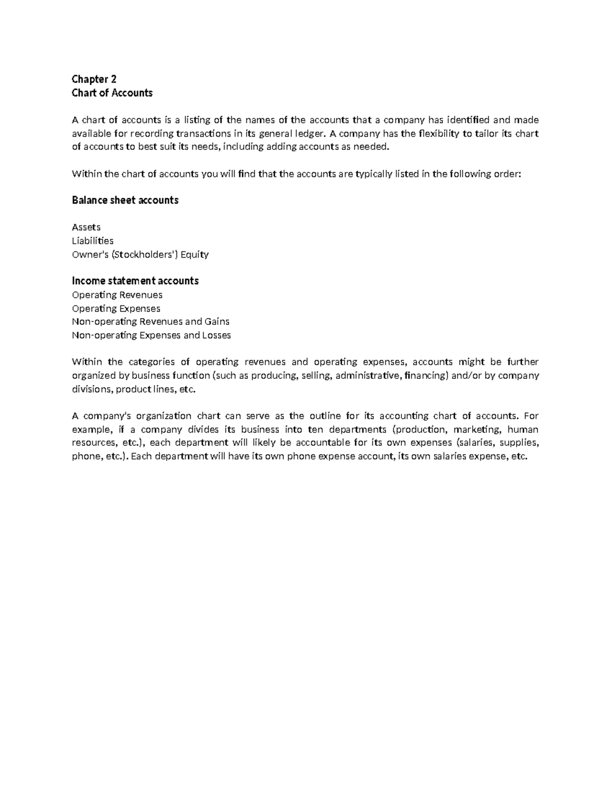 Chart OF AccountS - Chapter 2 Chart of Accounts A chart of accounts is ...