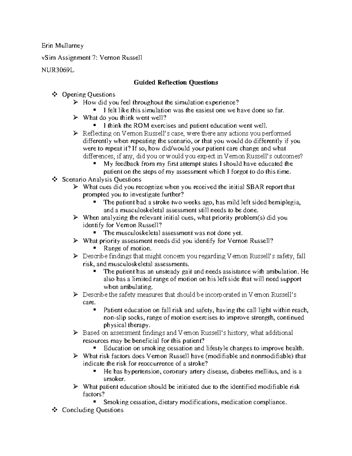 vernon russell vsim documentation assignment quizlet