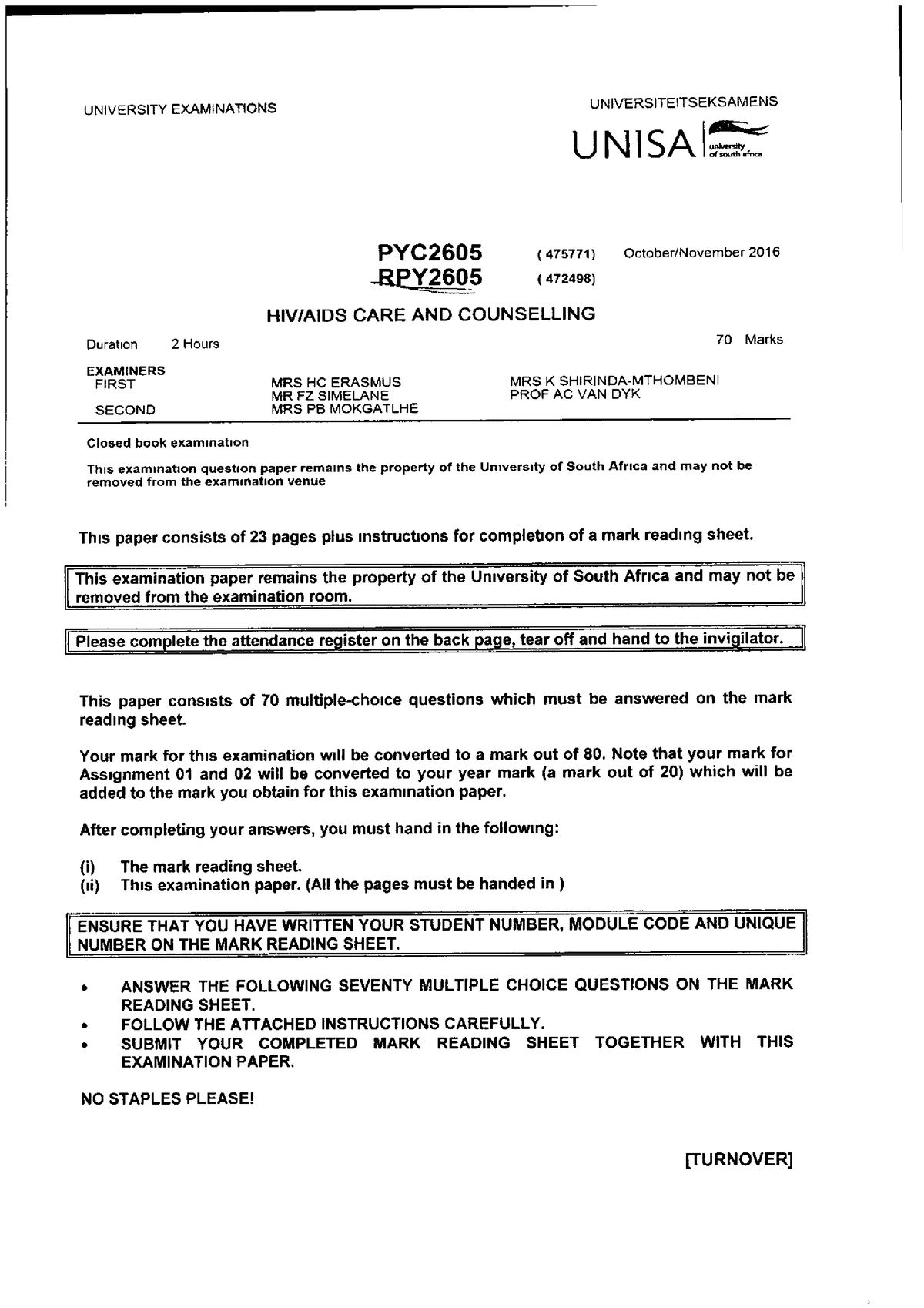 PYC2605 016 Past Paper Mcq Hiv Care And Counselling - PYC2605 - Studocu