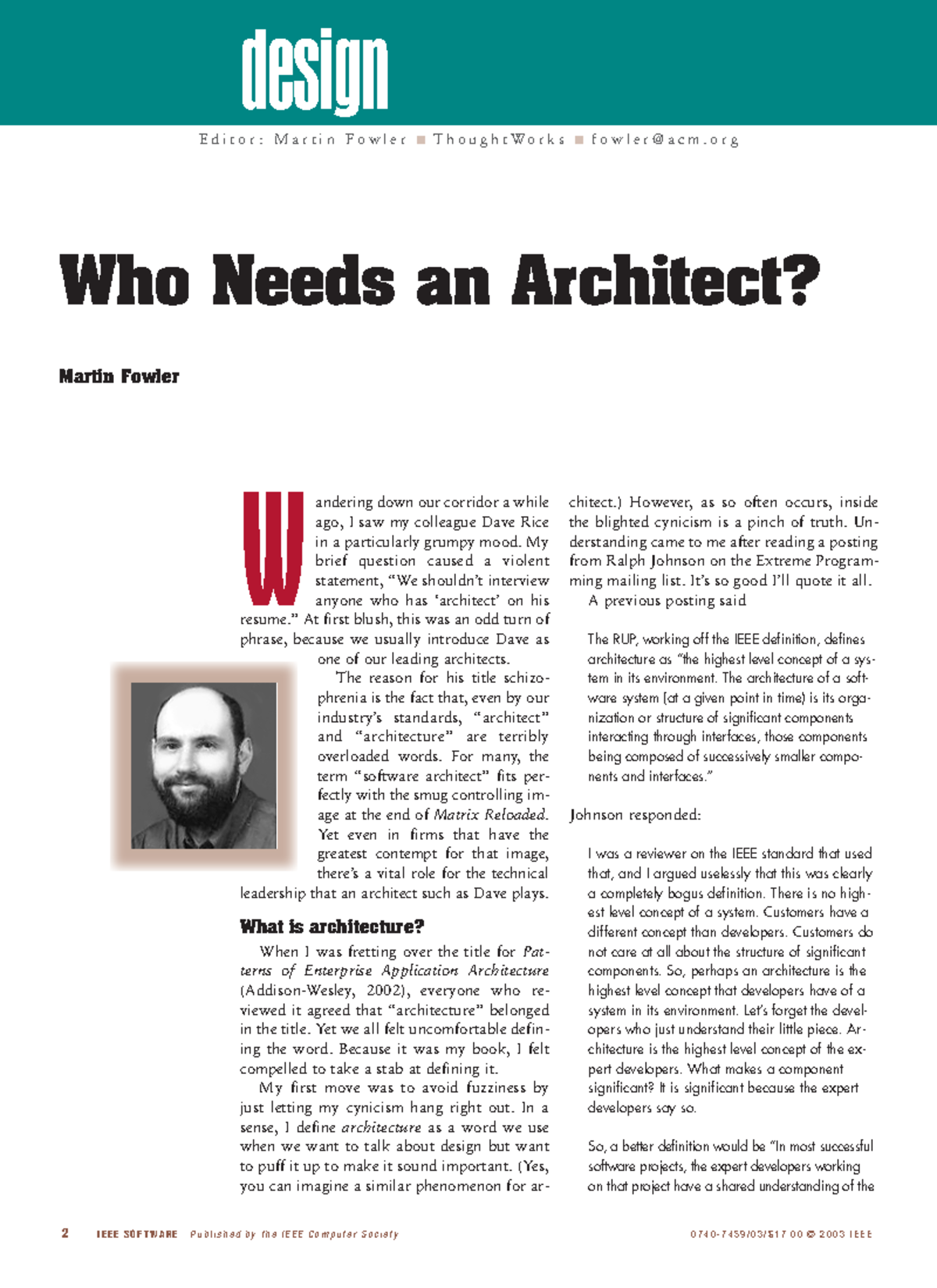 Who needs an architect - Martin Fowler - 2 I E E E S O F T W A R E P u ...