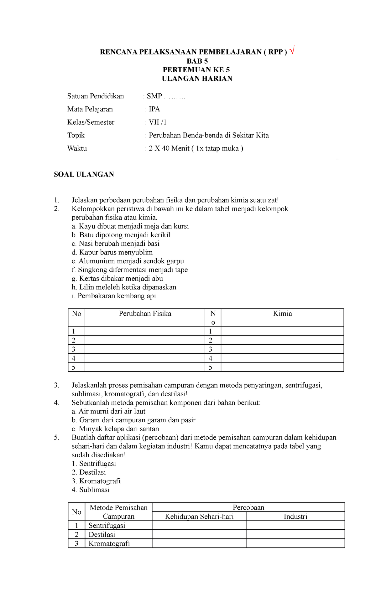 RPP BAB 5 Pertemuan 5 Ok - RENCANA PELAKSANAAN PEMBELAJARAN ( RPP ) √ ...