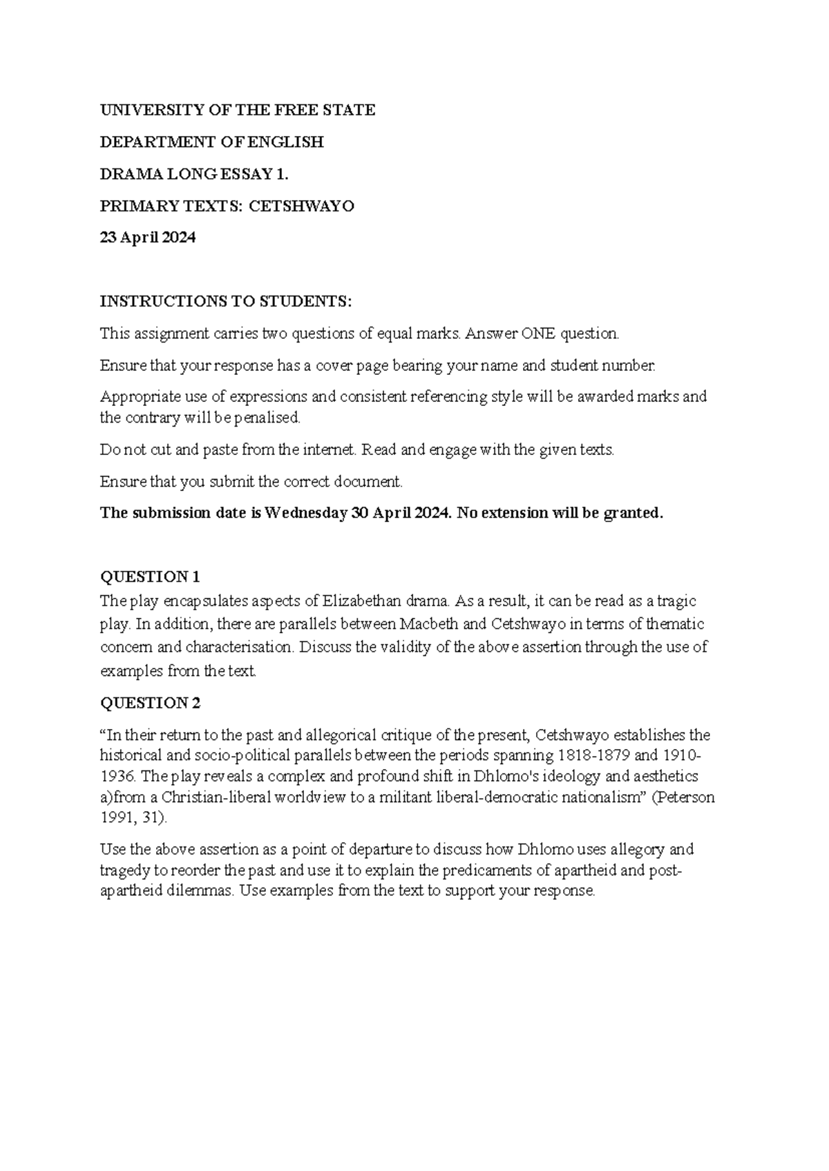 University OF THE FREE State Long essay 1 2024 - UNIVERSITY OF THE FREE ...