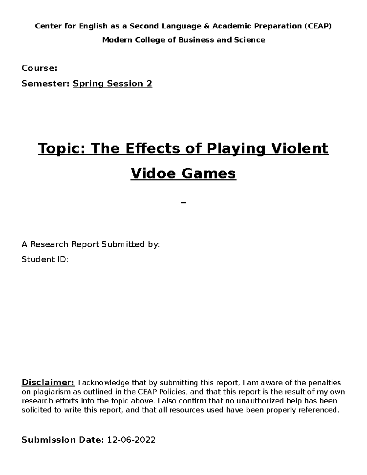 Effects Of Playing Violent Video Games - Final - Center For English As ...