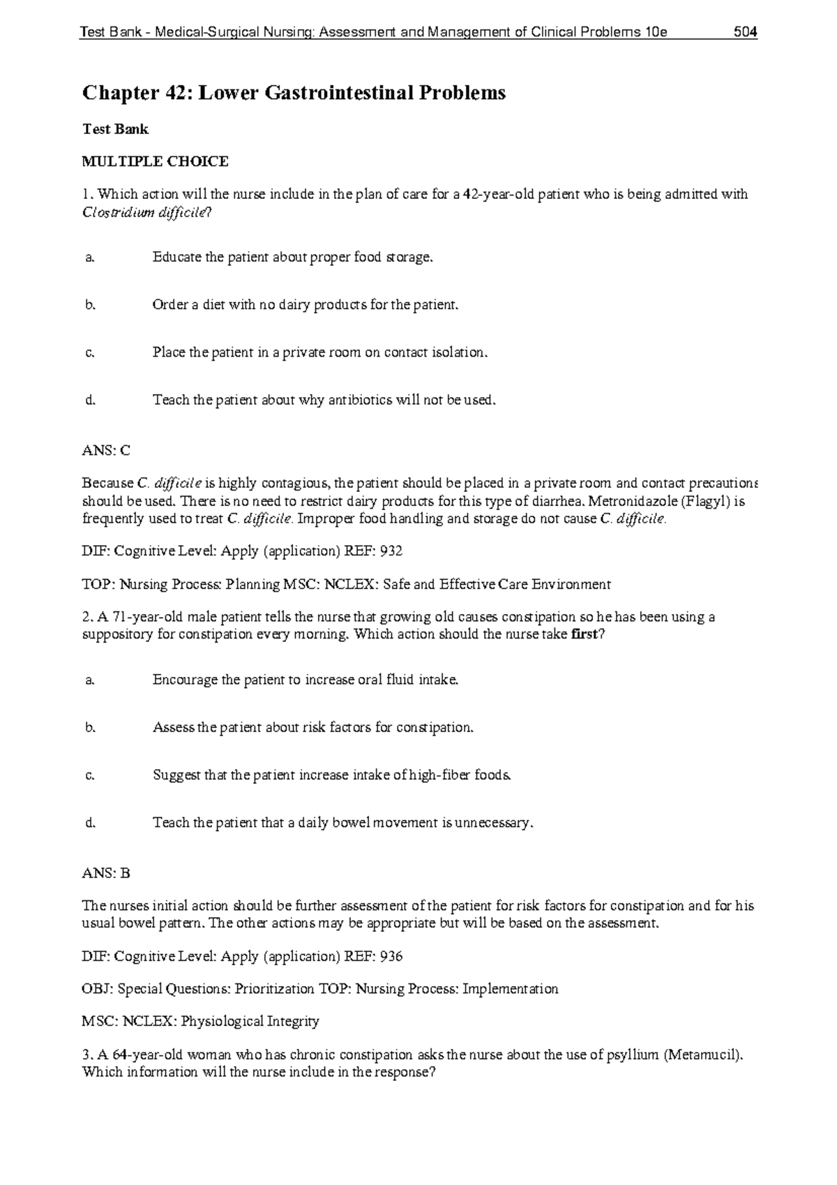 Chapter 42 Lower Gastrointestinal Problems - Chapter 42: Lower 