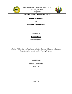 NSTP 2 COMMUNITY IMMERSION NARRATIVE REPORT FOR MIDTERM