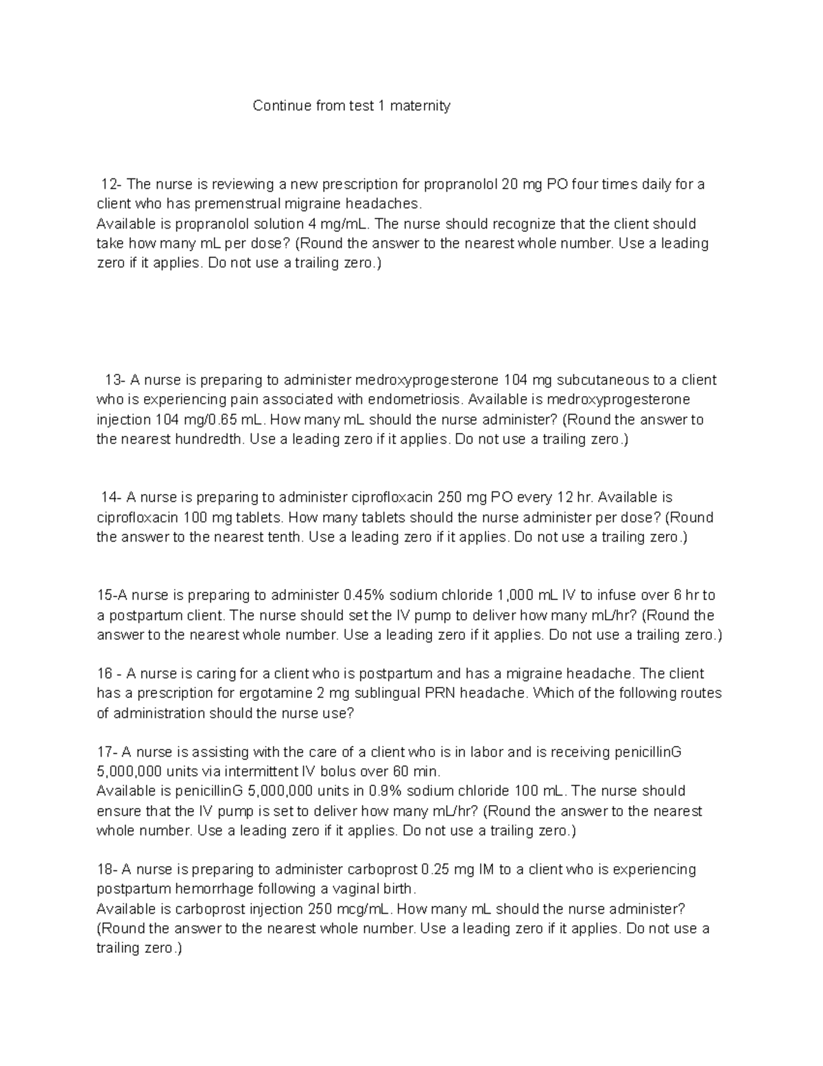 Part 2 Maternity dos - med math calc - Continue from test 1 maternity ...