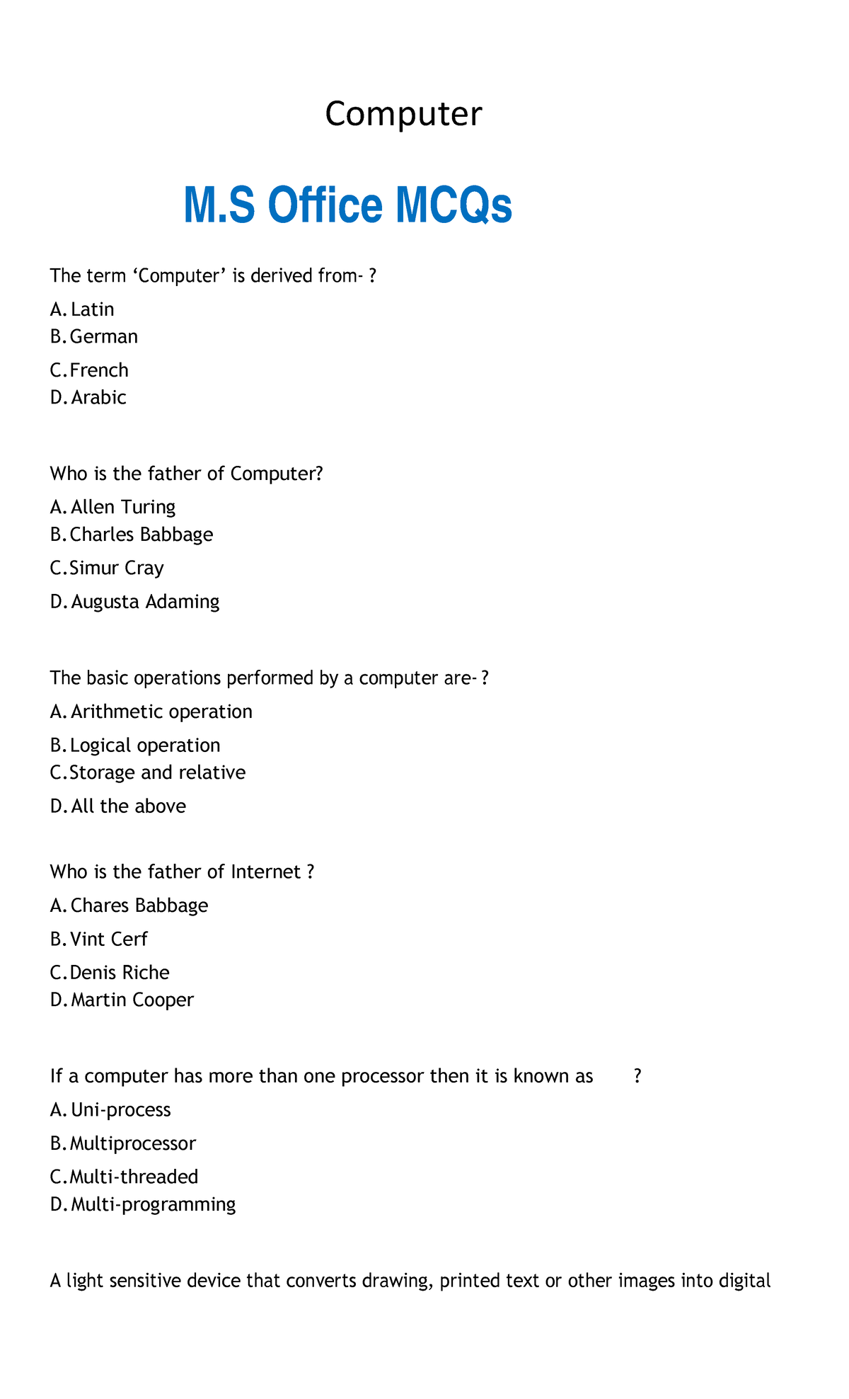 Computer mcq - n/a - Computer M Oice MCQs The term ‘Computer’ is ...