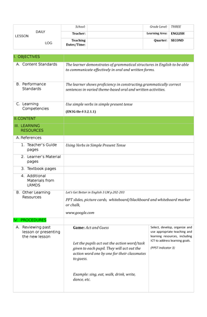 Lesson Exemplar English 2 Prepositions - PIVOT 4A LESSON EXEMPLAR FOR ...