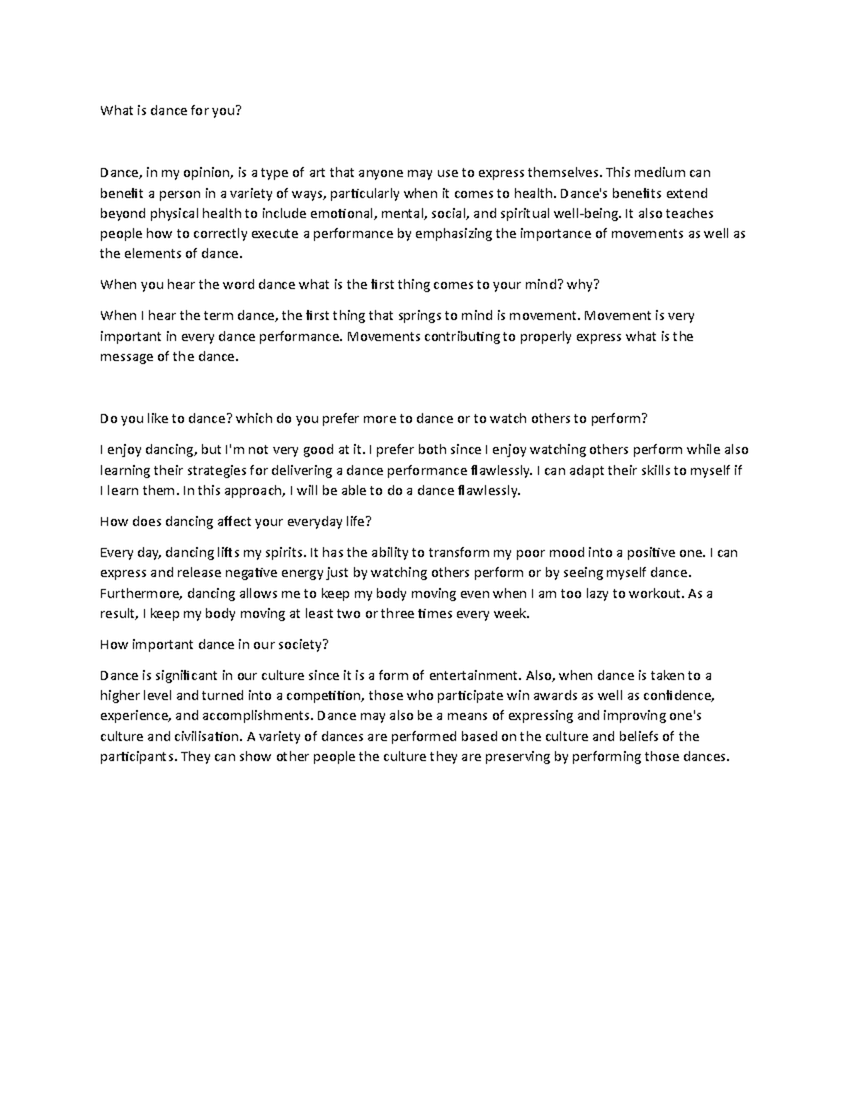 What Is Dance For You Assignment For You I Hope It Helps Good Day