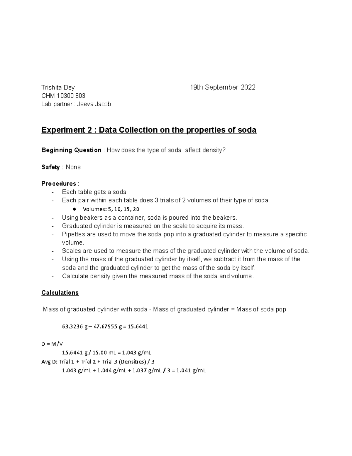 Lab experiment 2 - Trishita Dey 19th September 2022 CHM 10300 803 Lab ...