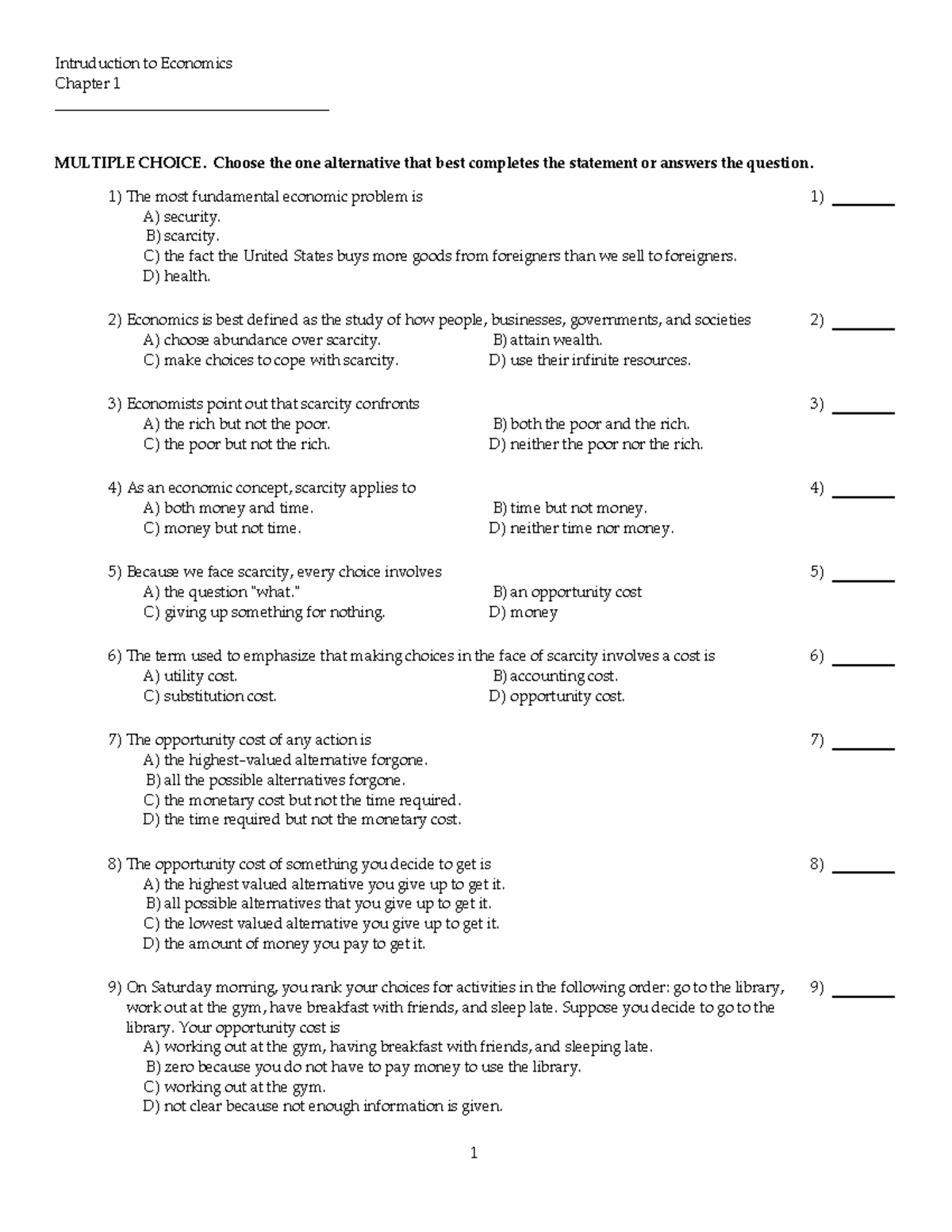 Intro Spring 18 quiz1 - Intruduction to Economics Chapter 1 MULTIPLE ...