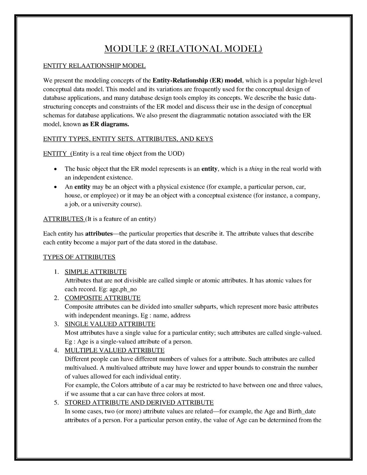 DBMS Module - 2 - Dbms Notes - MODULE 2 (RELATIONAL MODEL) ENTITY ...