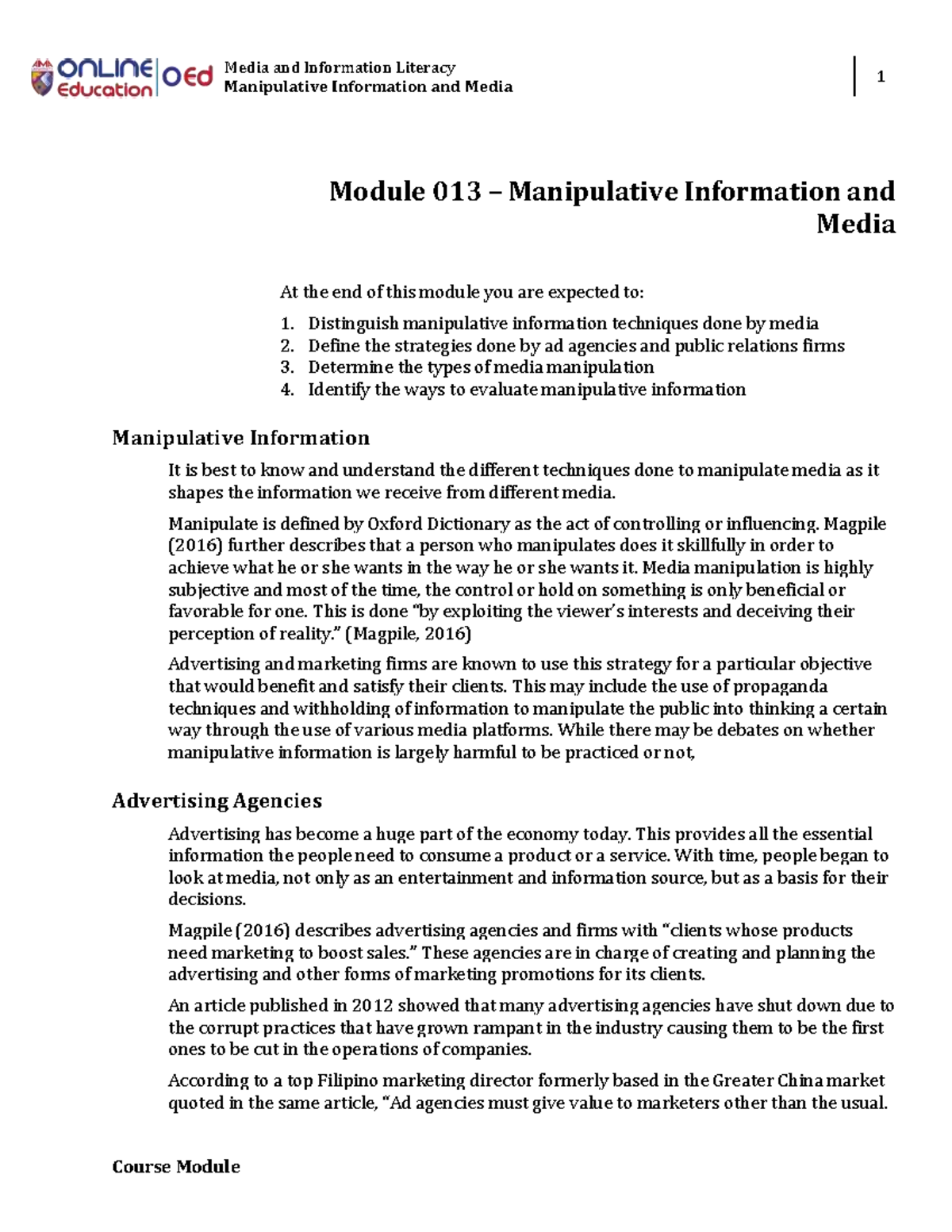 Week 017Module Manipulative Information and Media Media and