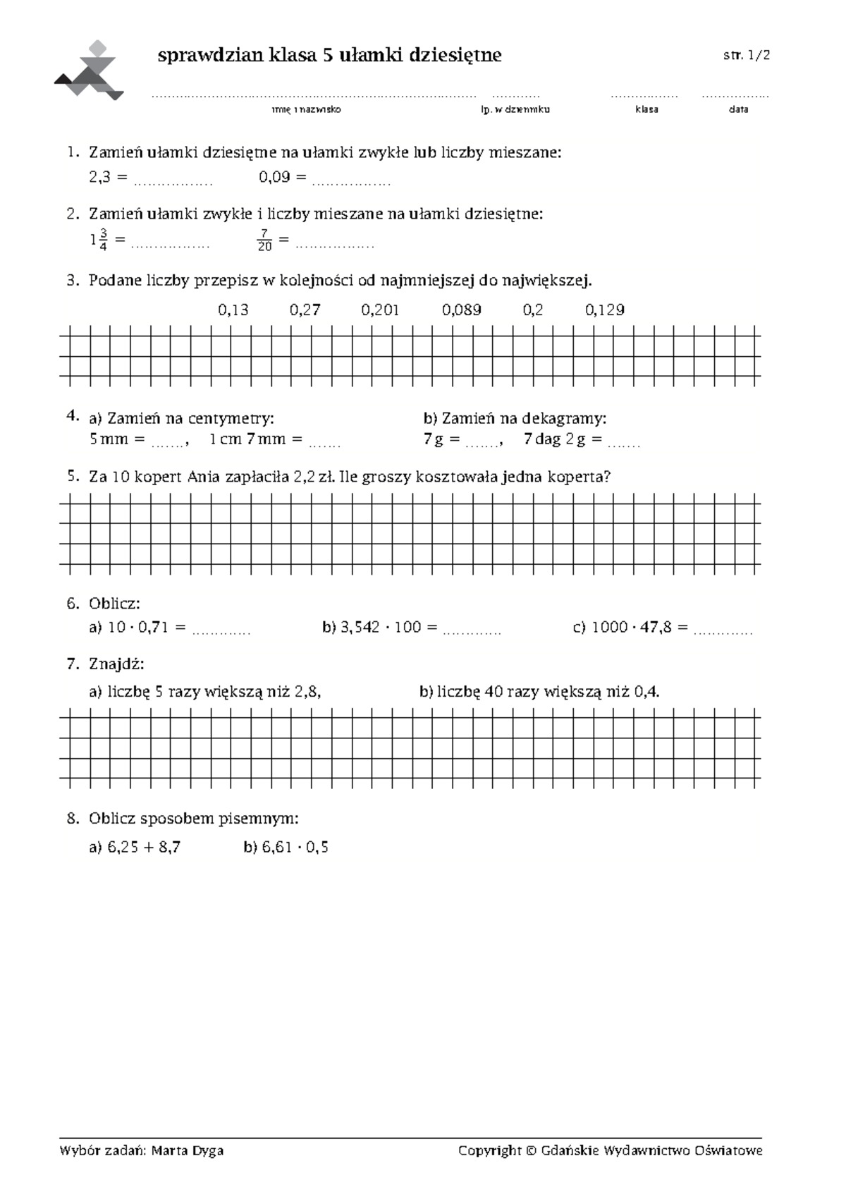 Klasa 7 Ułamki Sprawdzian Chomikuj www.studocu.com