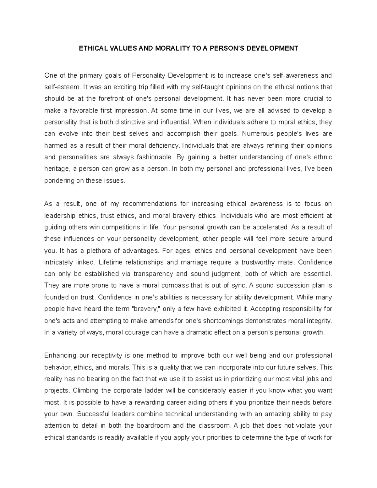 Ethics and Morality Development - ETHICAL VALUES AND MORALITY TO A ...