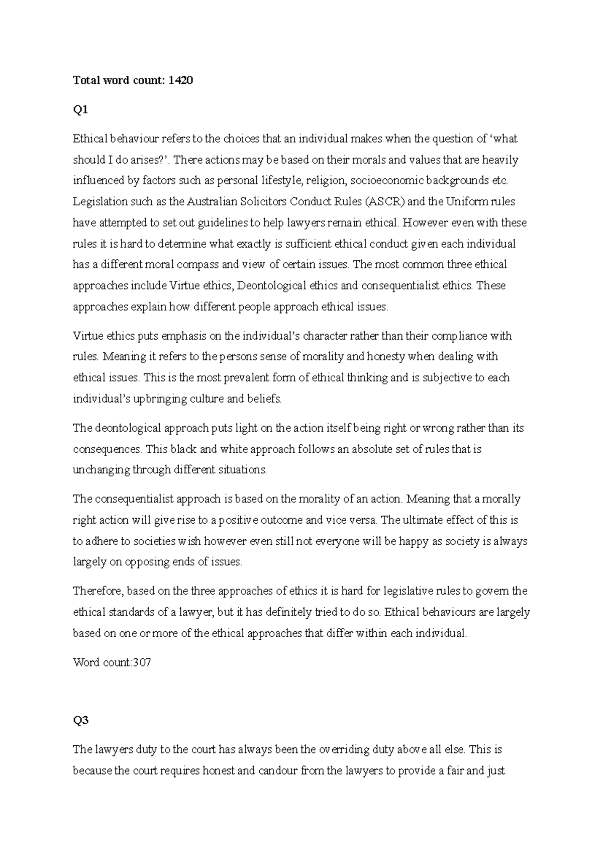 Ethics Exam exam guide Total word count 1420 Q Ethical behaviour