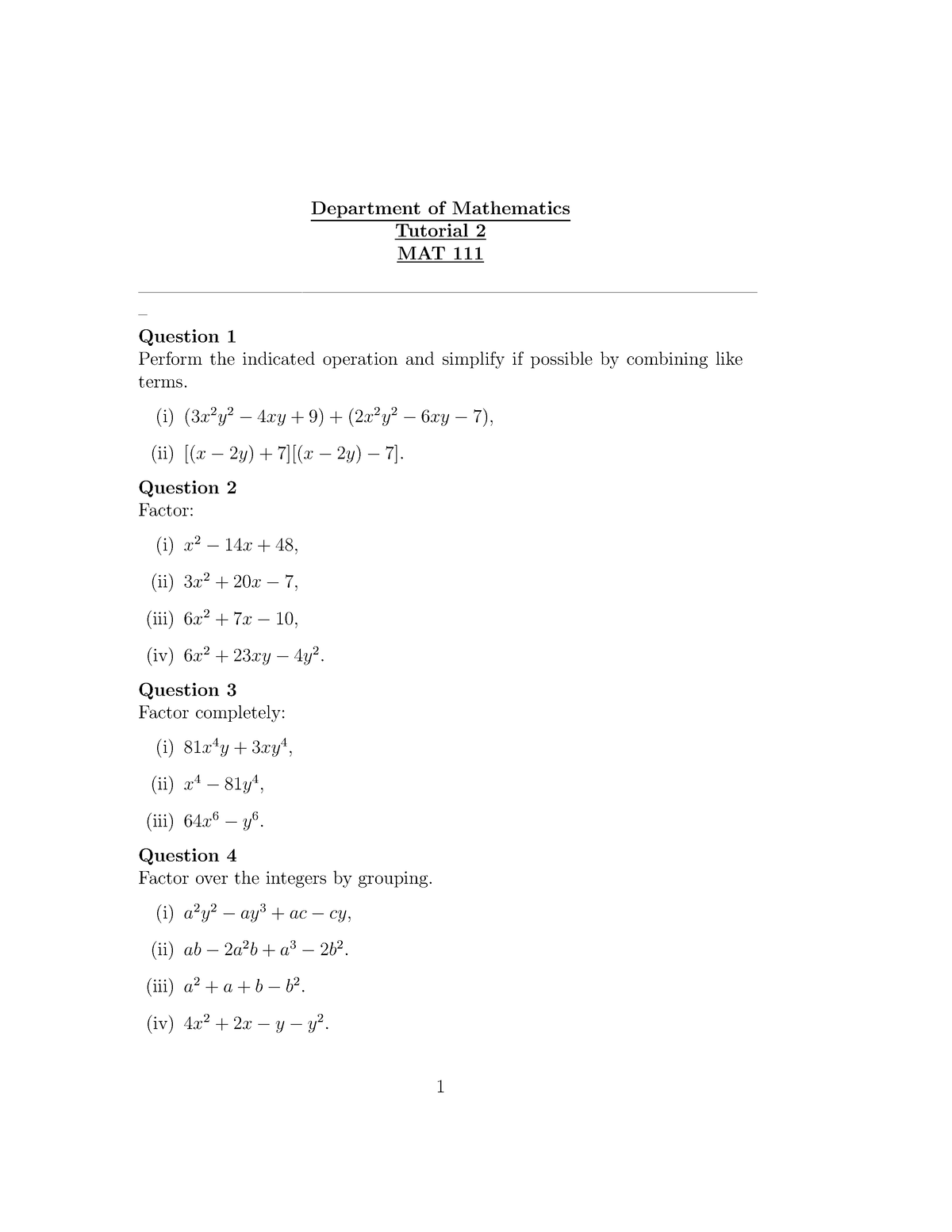 Tutorial 2 - Department Of Mathematics Tutorial 2 MAT 111