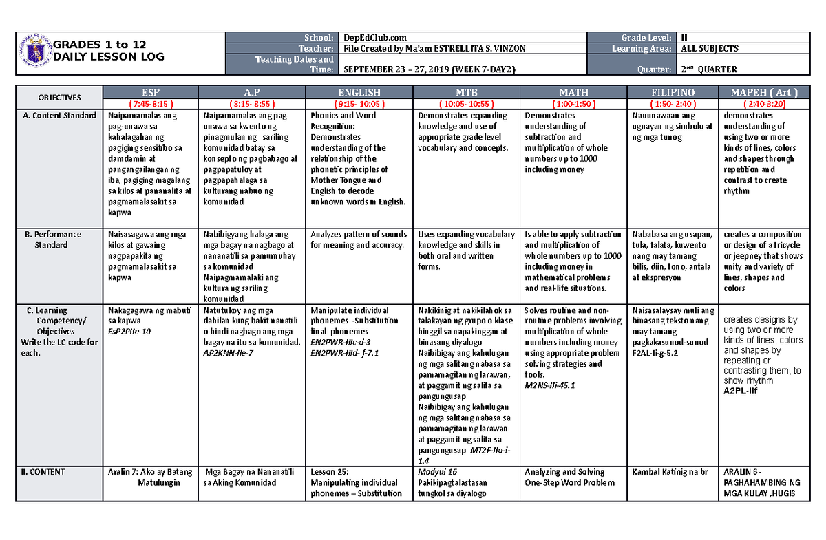 Dll All Subjects 2 Q2 W7 D2 Grades 1 To 12 Daily Lesson Log School Depedclub Grade Level Ii 7768