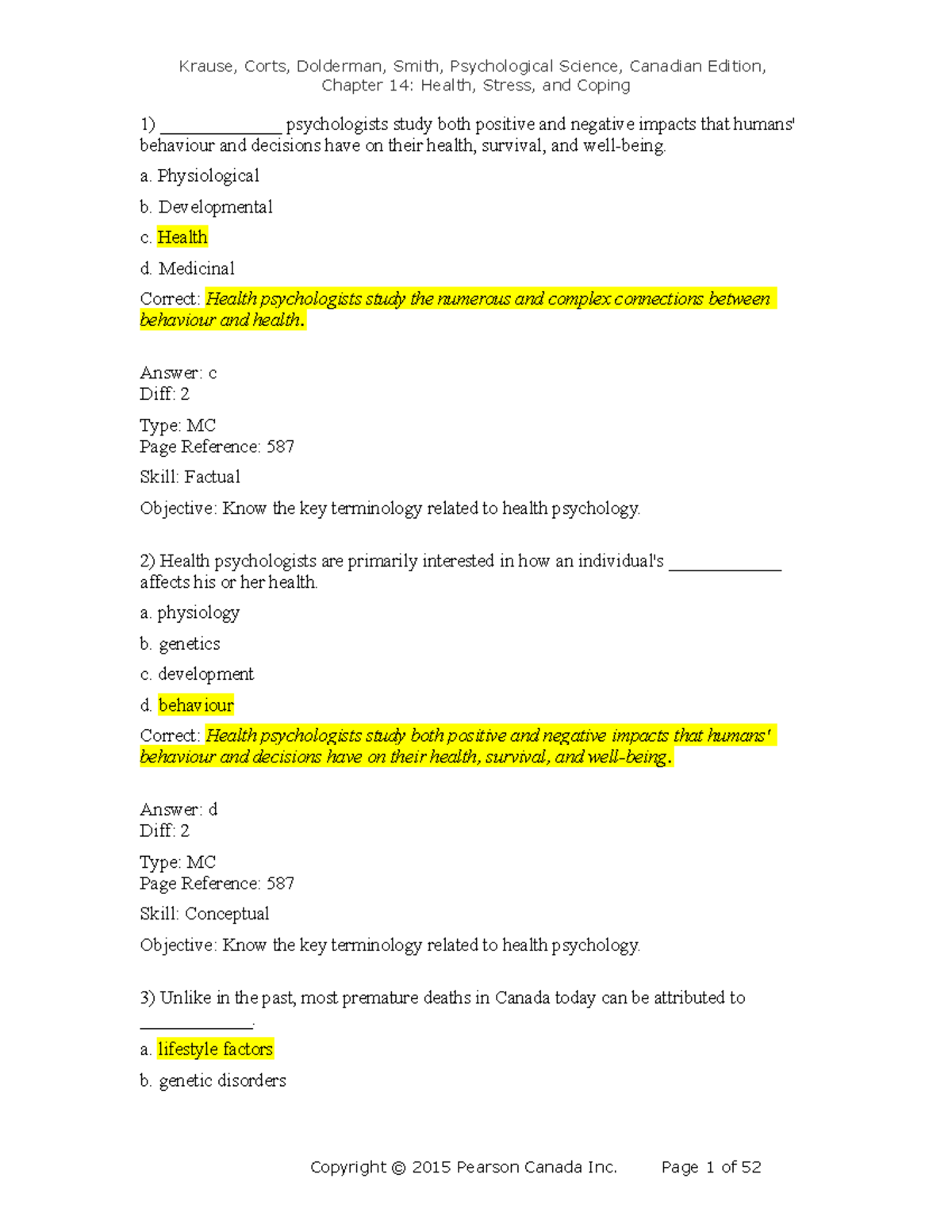 Psych Chapter 14 Test Bank - Chapter 14: Health, Stress, And Coping ...