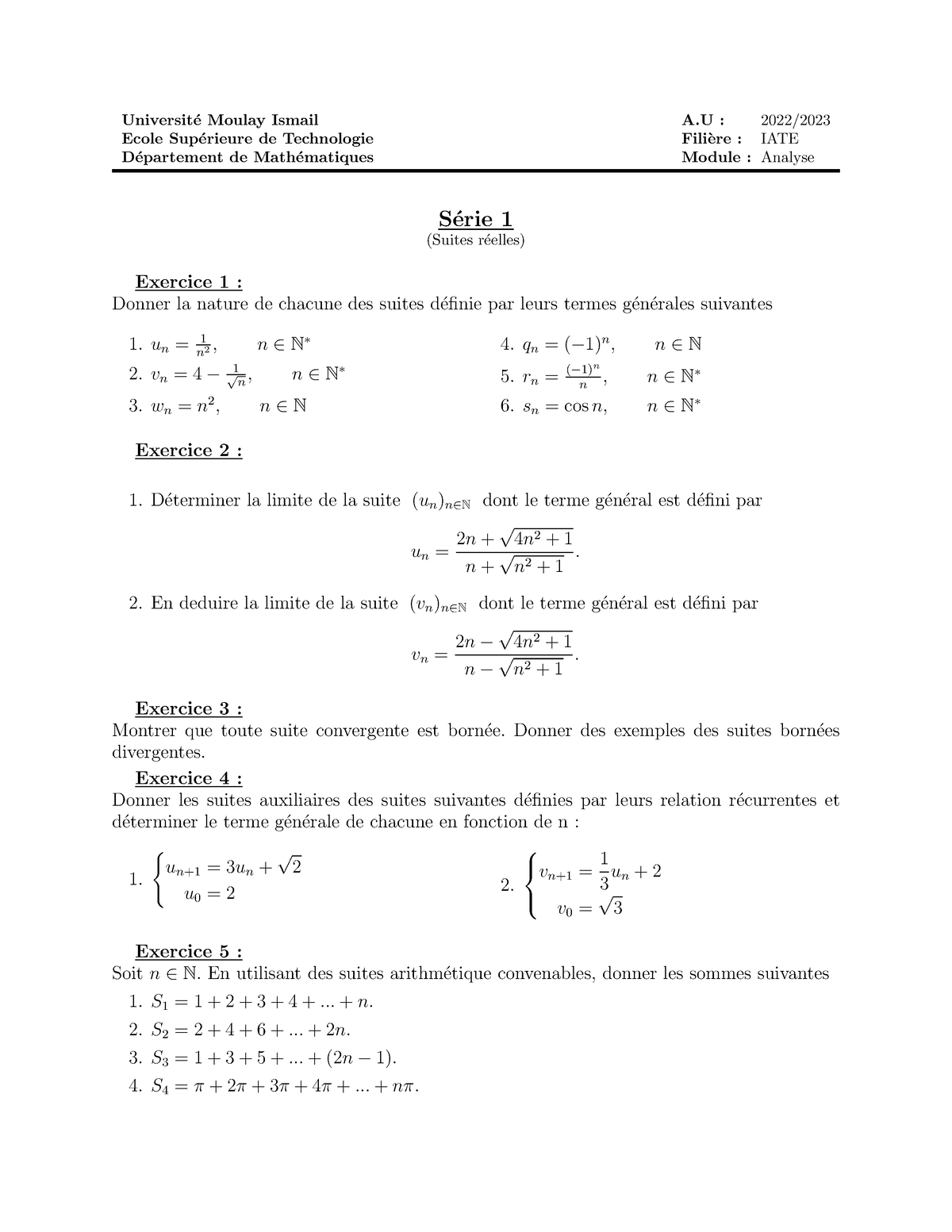 Serie 1 - Cour De Analyse - Universit ́e Moulay Ismail A : 2022/ Ecole ...